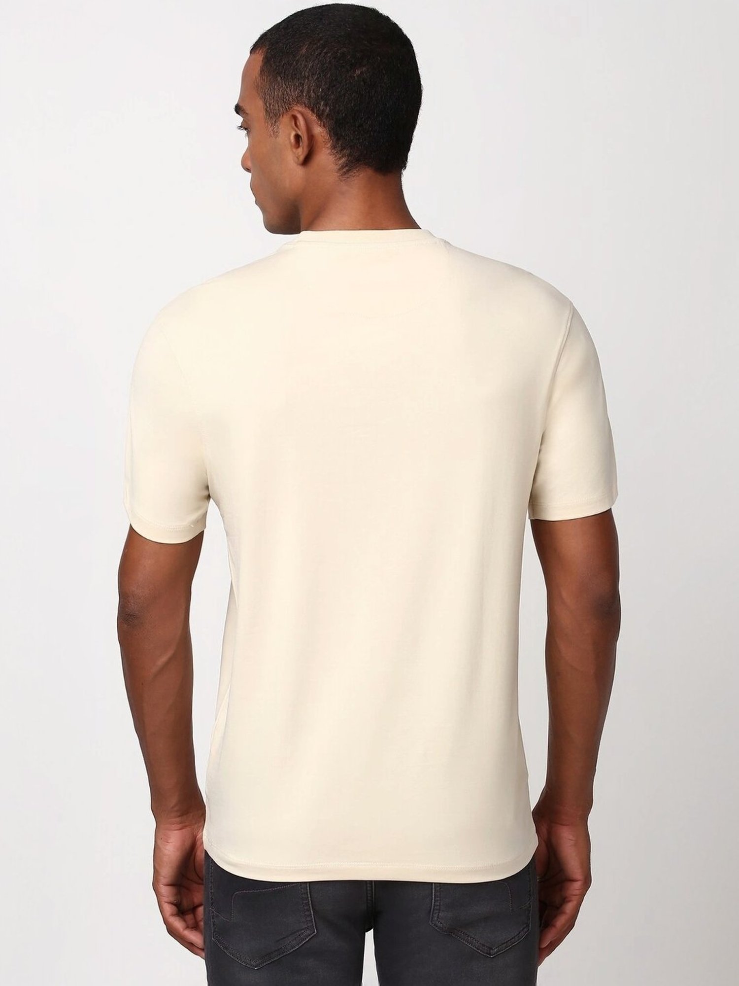 Peter England Beige Cotton Regular Fit Embroidered T-Shirt