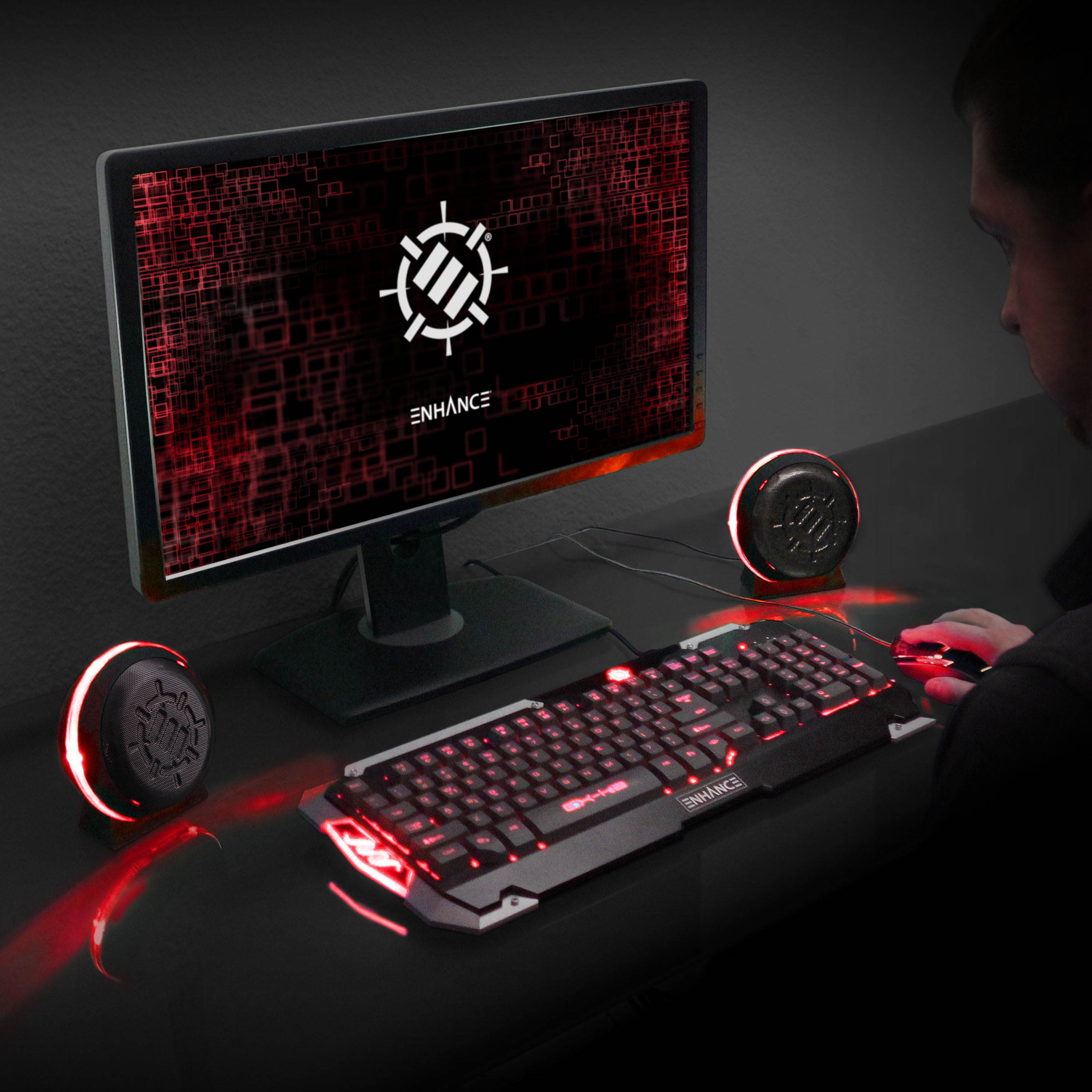 ENHANCE USB LED Gaming Speakers with In-Line Volume Control and Powerful 5 Watts Drivers - Red