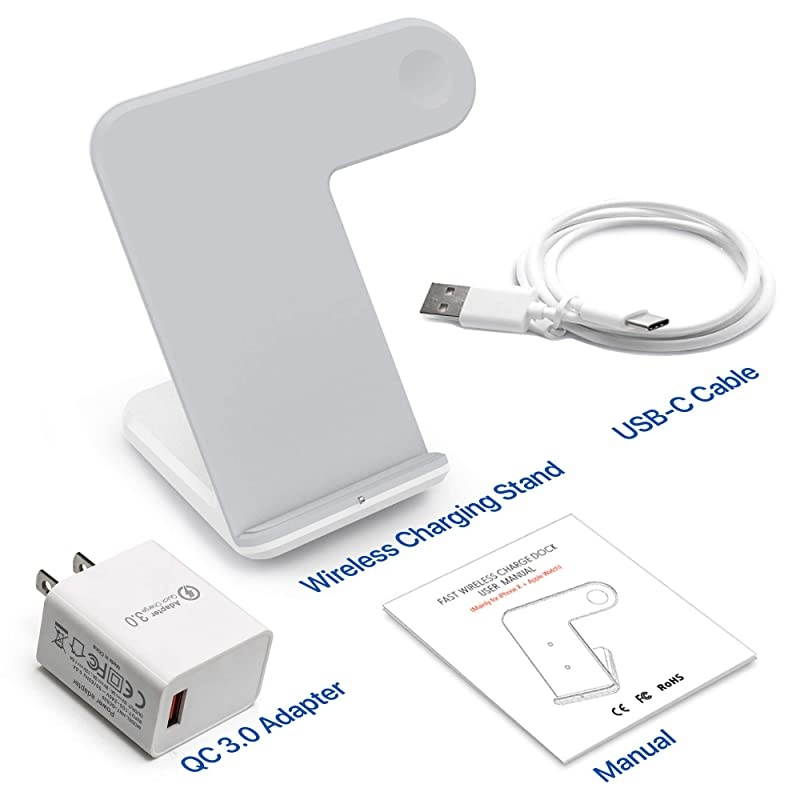 Upgraded 2 in 1 Wireless Charger for Apple Watch 54321 iPhone 11 11 PRO 11 MAX PRO XS MAX XR XS 8Plus iPhone and Watch Charging Station QC 30 Adapter Included White