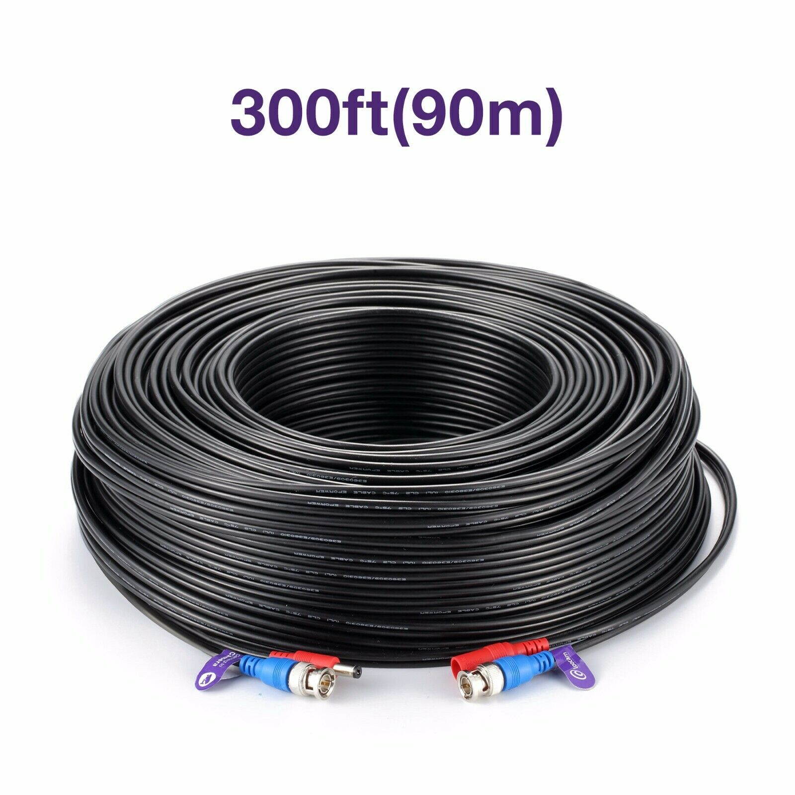 Loocam CCTV Security Camera BNC Cable 300ft Wire Cord Video Power Cable Black