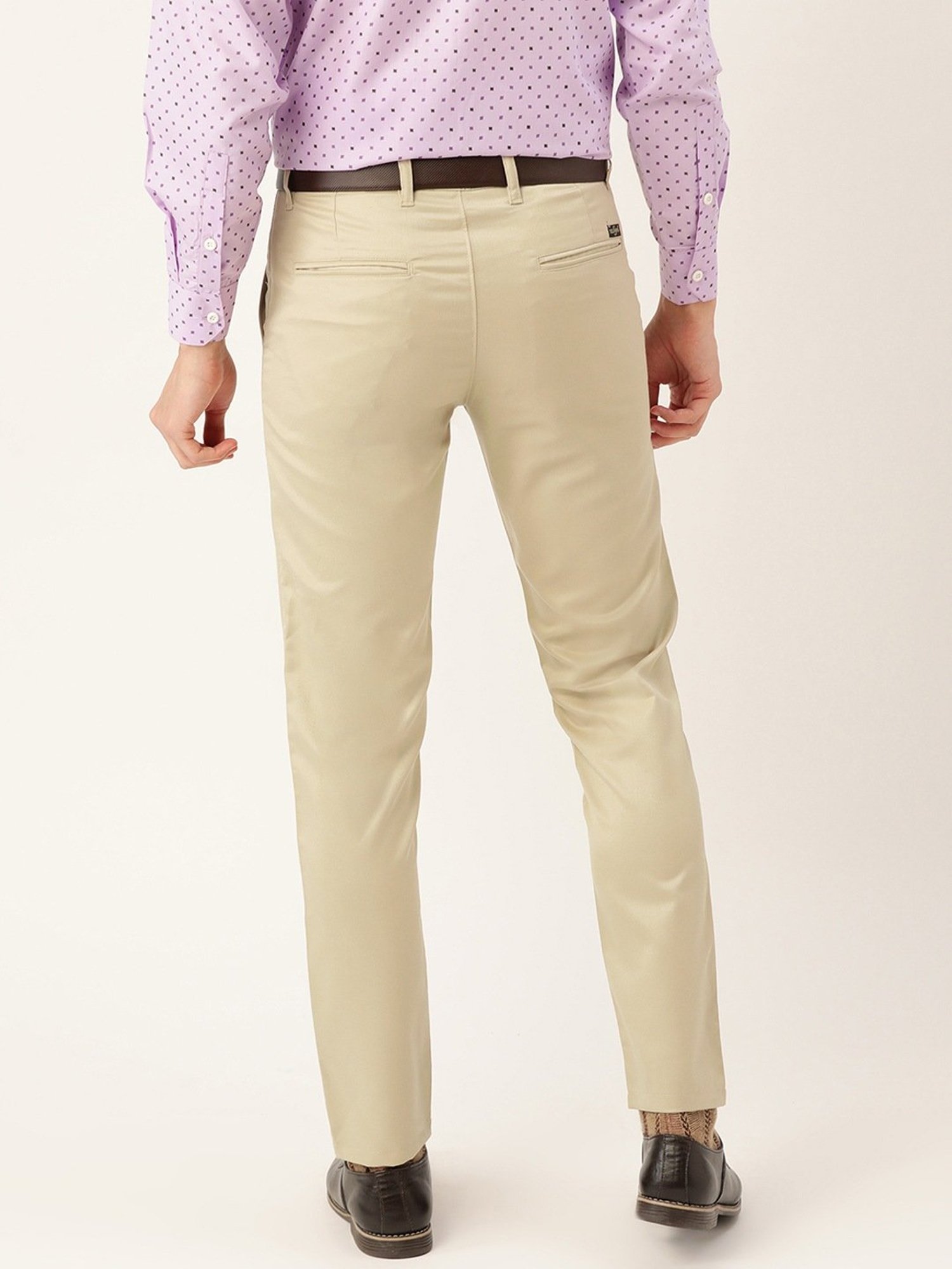Sojanya Beige Cotton Regular Slim Fit Flat Front Trousers