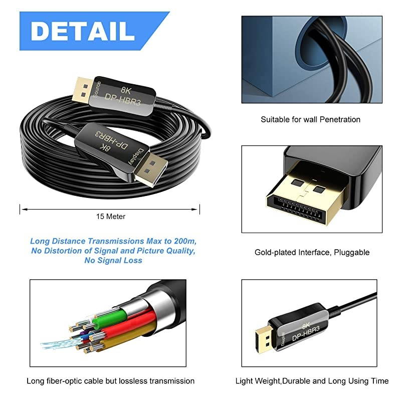 Fiber 8K 4K DisplayPort Cable DP 14 HBR3 8K60Hz 4K144Hz High Speed 324Gbps Optical Fiber Slim and Flexible DP to DP Cable 20m 65ft
