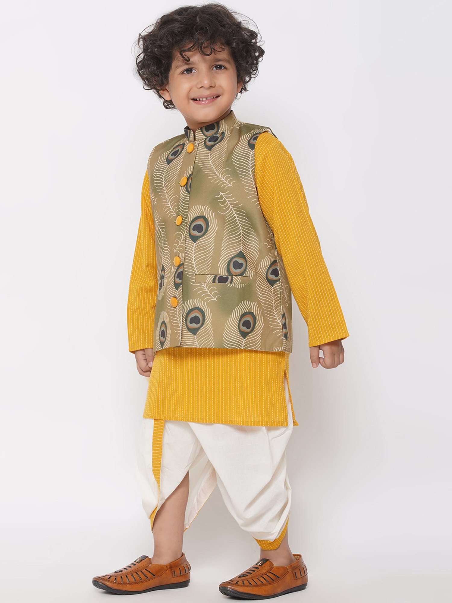 Little Bansi Kids Multicolor Printed Full Sleeves Kurta, Dhoti with Jacket