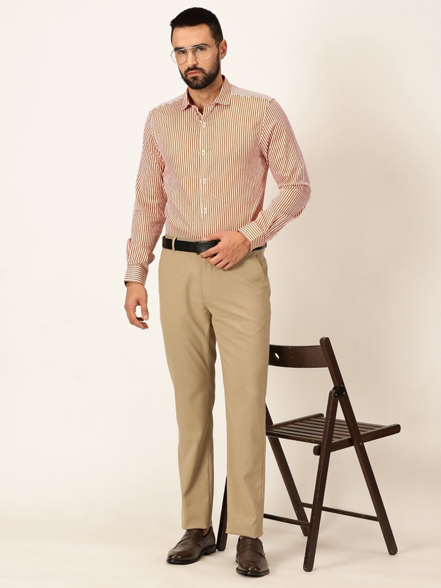 Thomas Scott Dark Orange Regular Fit Striped Shirt