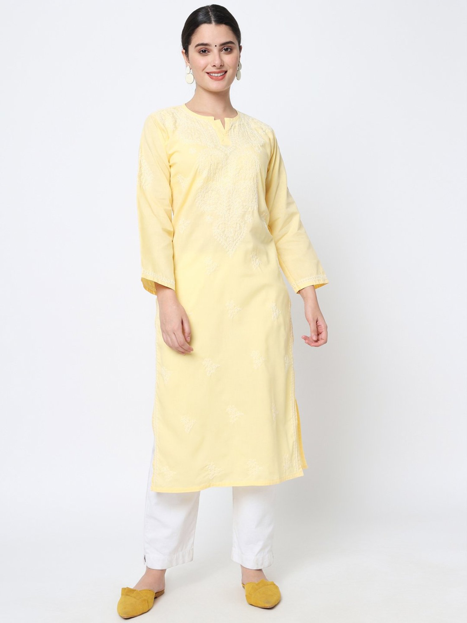 PARAMOUNT CHIKAN Yellow Cotton Chikankari Straight Kurta