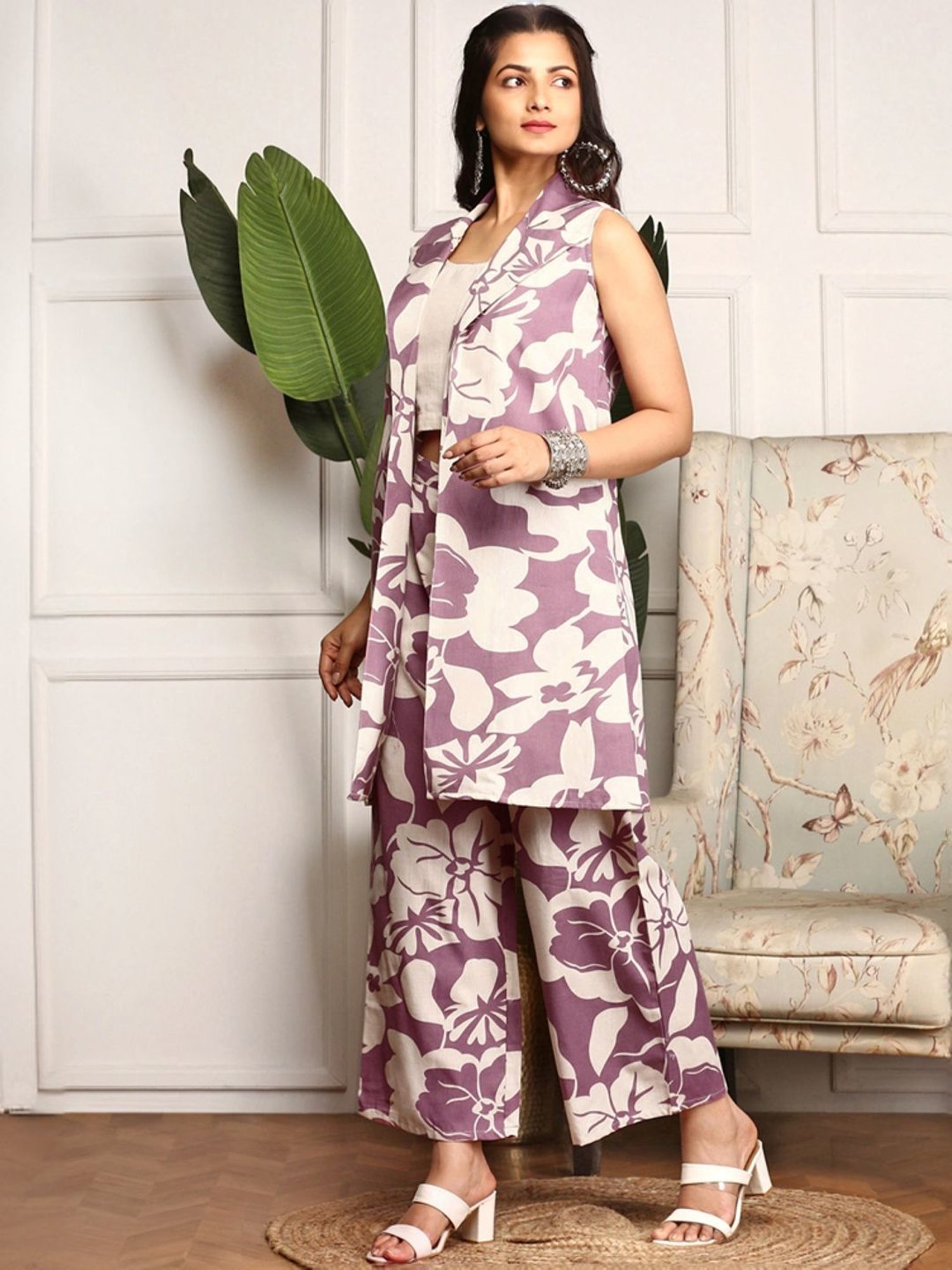 Ishin Purple & White Floral Print Top & Palazzo Set with Jacket