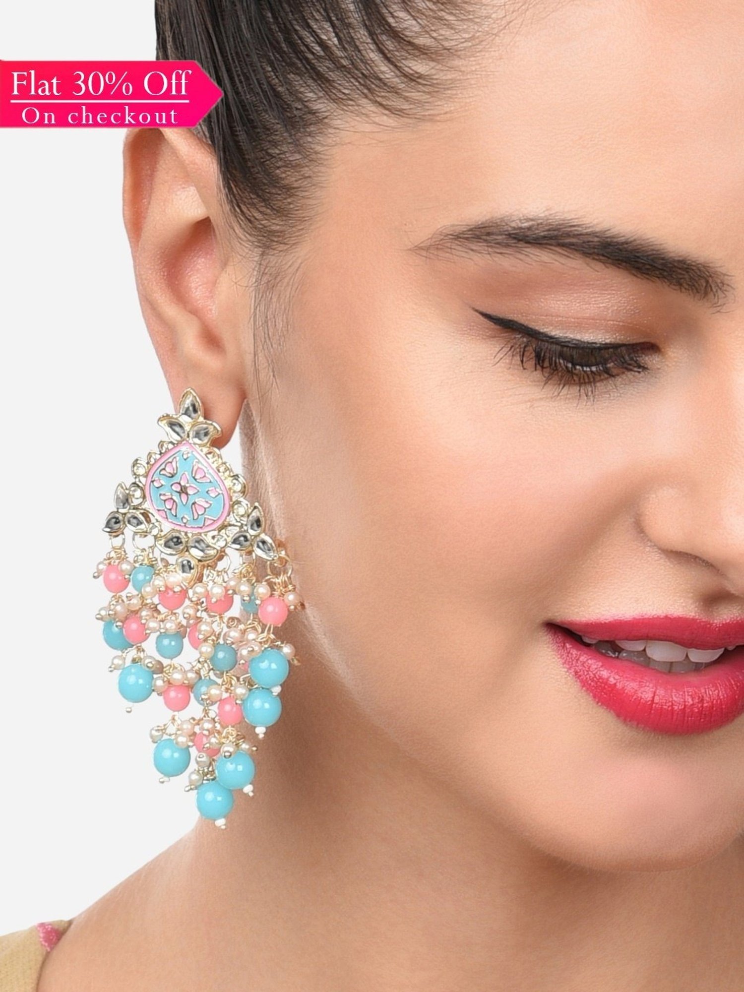Zaveri Pearls Pink & Turquoise Meenakari Cascading Waterfall Beads Drop Earring-ZPFK14845