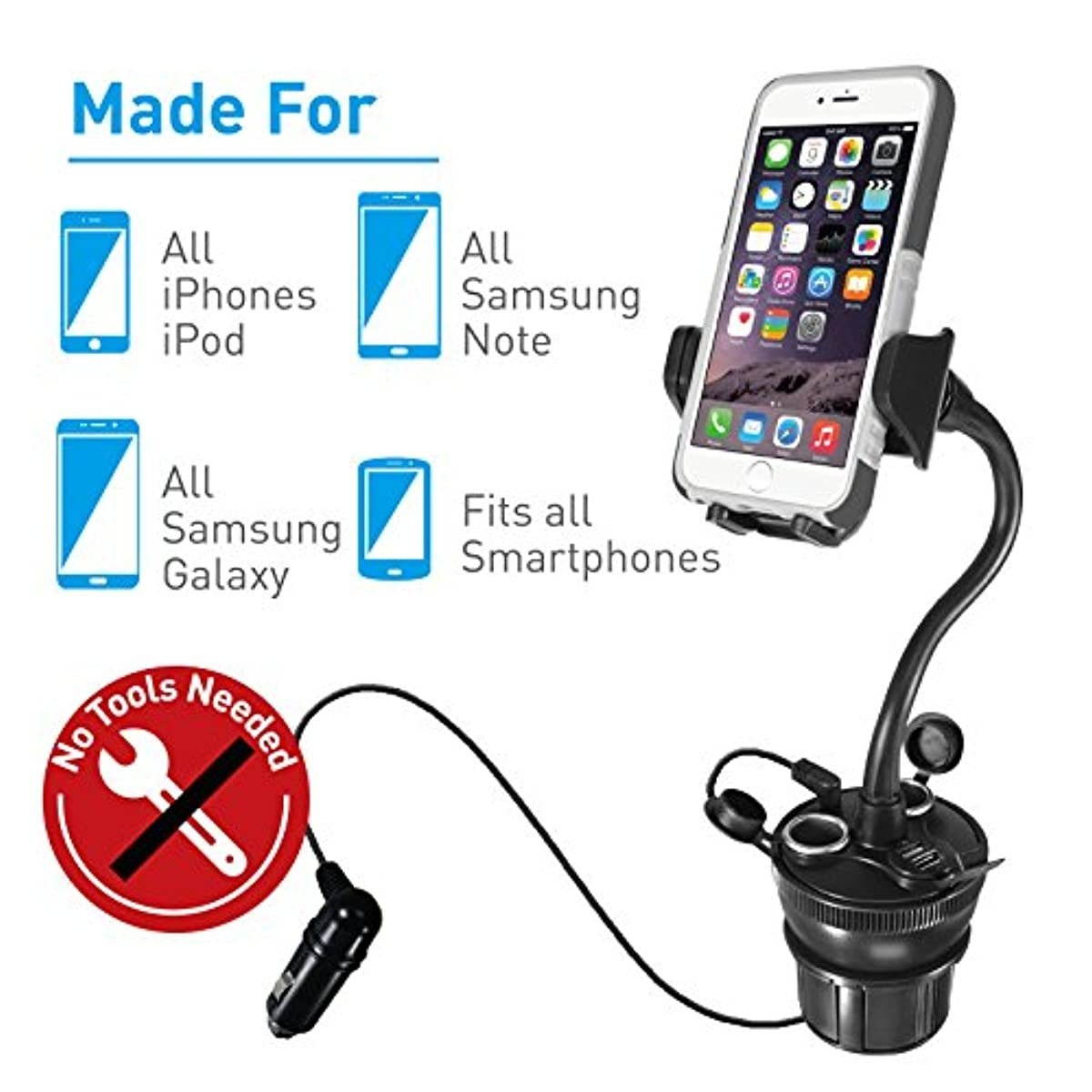 Macally Car Cup Holder Phone Mount with 2 USB Charging Ports & 2 Cigarette Lighter Sockets - Adjustable Cup Phone Holder for Car with 8&rdquo; Long Neck and 360&deg; Rotatable Base - Fits Phones Up to 4.1&rdquo; Wide