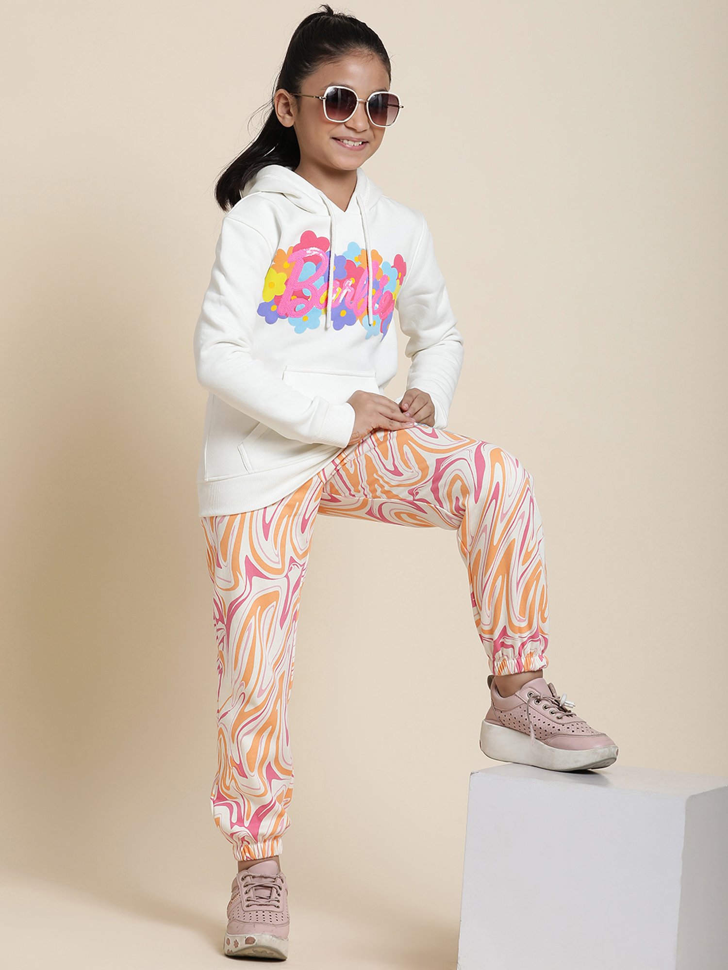 Kidsville Barbie Printed Off White Hoodie For Girls