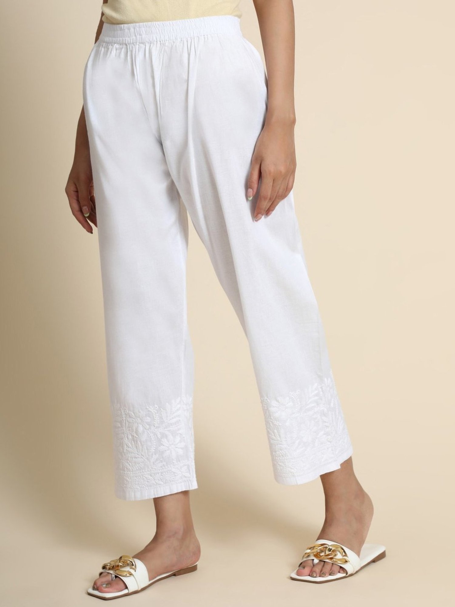 House Of Kari HOK Chikankari White Cotton Pant Trouser