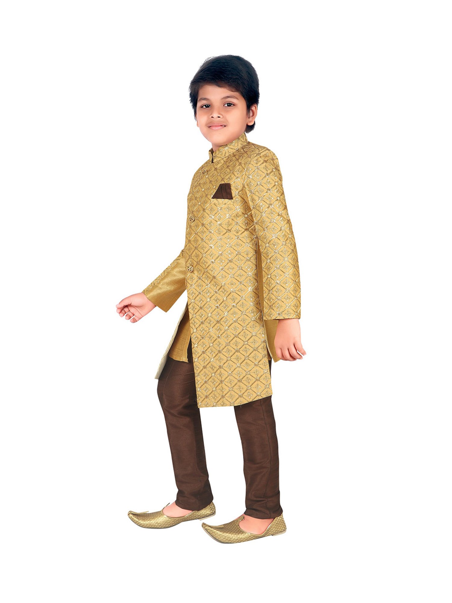 Ahhaaaa Kids Gold & Brown Embroidered Kurta with Pajamas