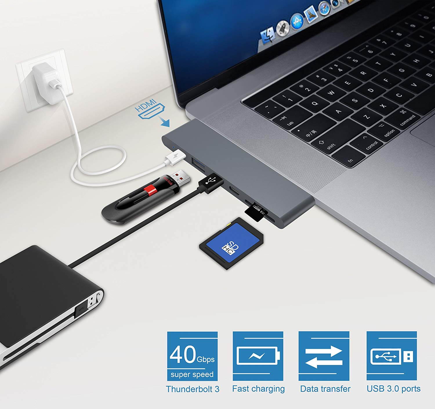 Cateck Aluminum Type-C Multi-Port Adapter with Superspeed 40Gbs Thunderbolt 3, Pass-Through Charging, 4k HDMI, SD/Micro SD Card Reader, USB-C Port and 2 USB 3.0 Ports for MacBook Pro