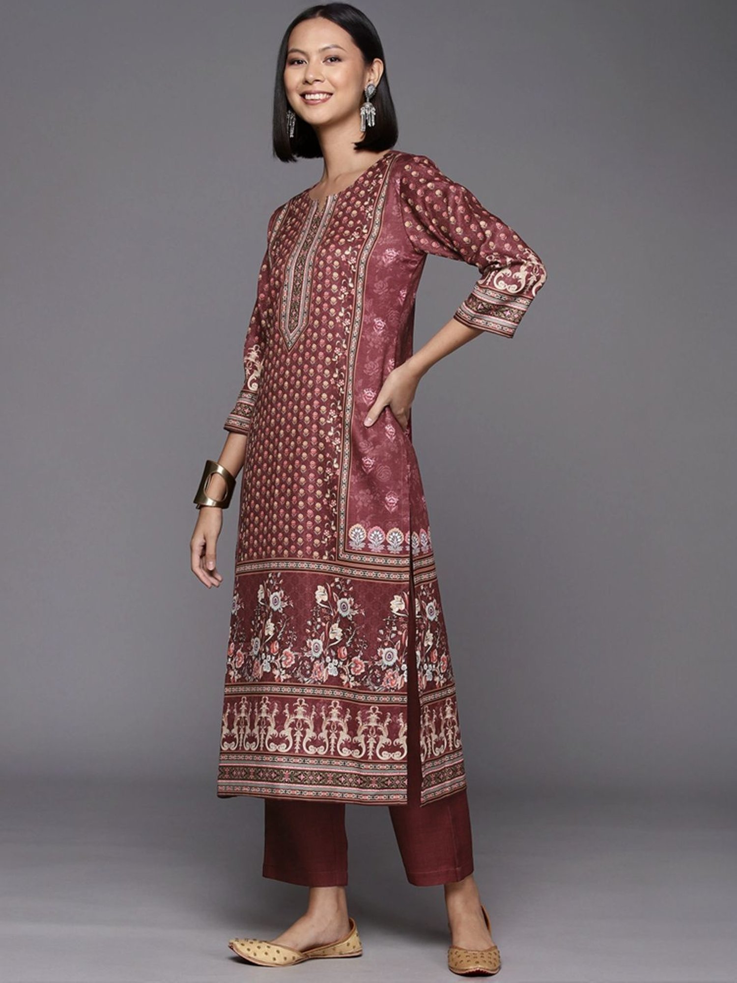 Varanga Maroon Floral Print Kurta Pant Set With Dupatta