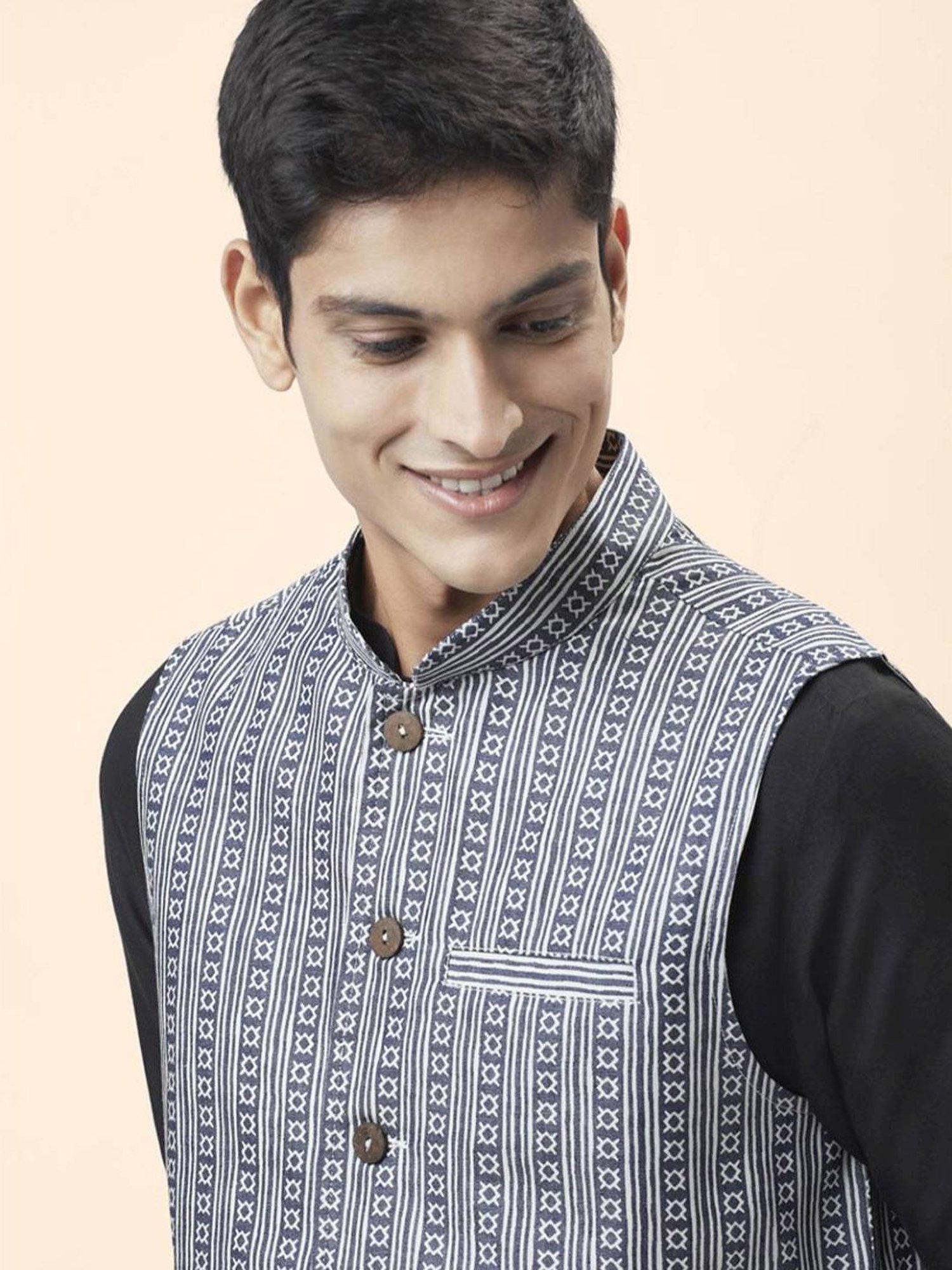 Indus Route By Pantaloons Blue Cotton Regular Fit Printed Nehru Jacket