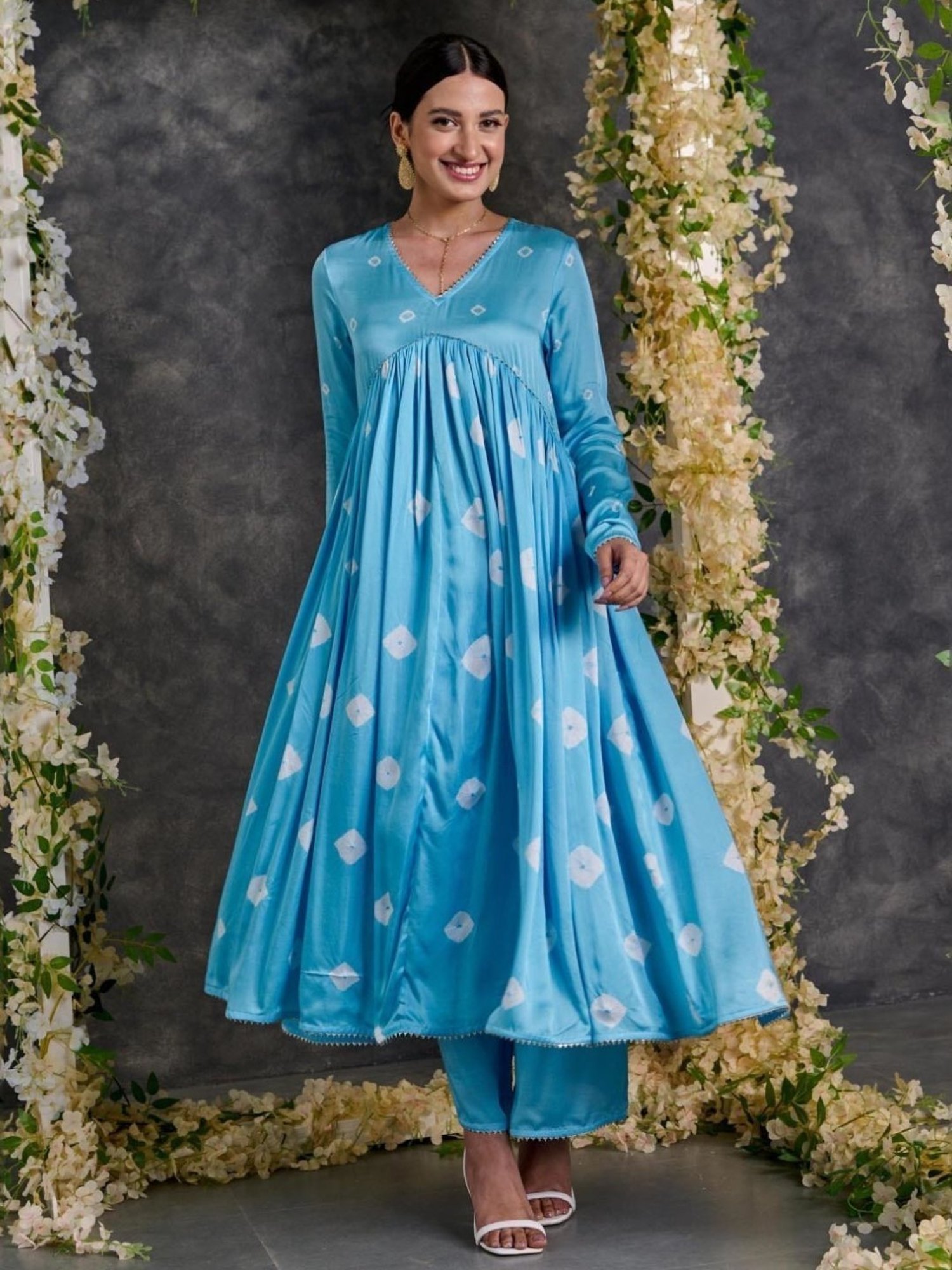 Gulaal Blue Bandhani Anarkali Modal Satin Kurta and Flared Pant with Dupatta