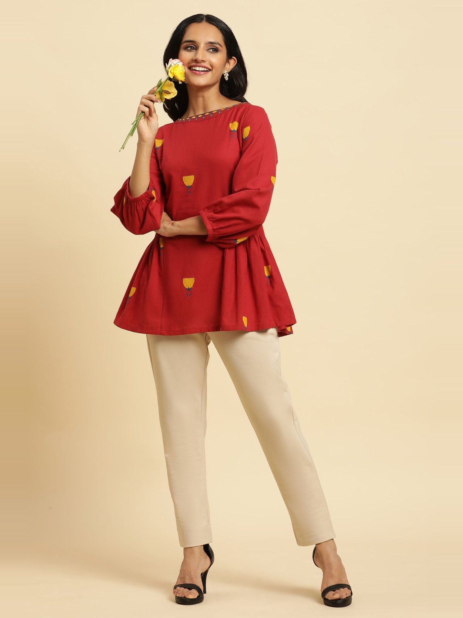 W Red Cotton Embroidered Top