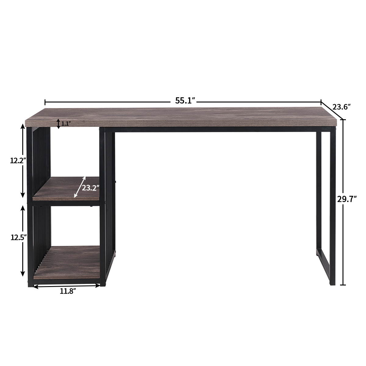 55" Home Office Computer Desk Writing Desk Gaming Desk with 2 Storage Shelves on Left or Right Stable Metal Frame Easy Assembly Brown