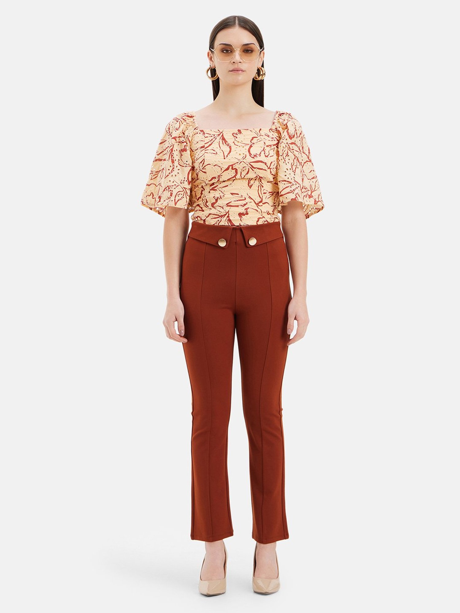Kazo Rust Straight Fit High Rise Trousers