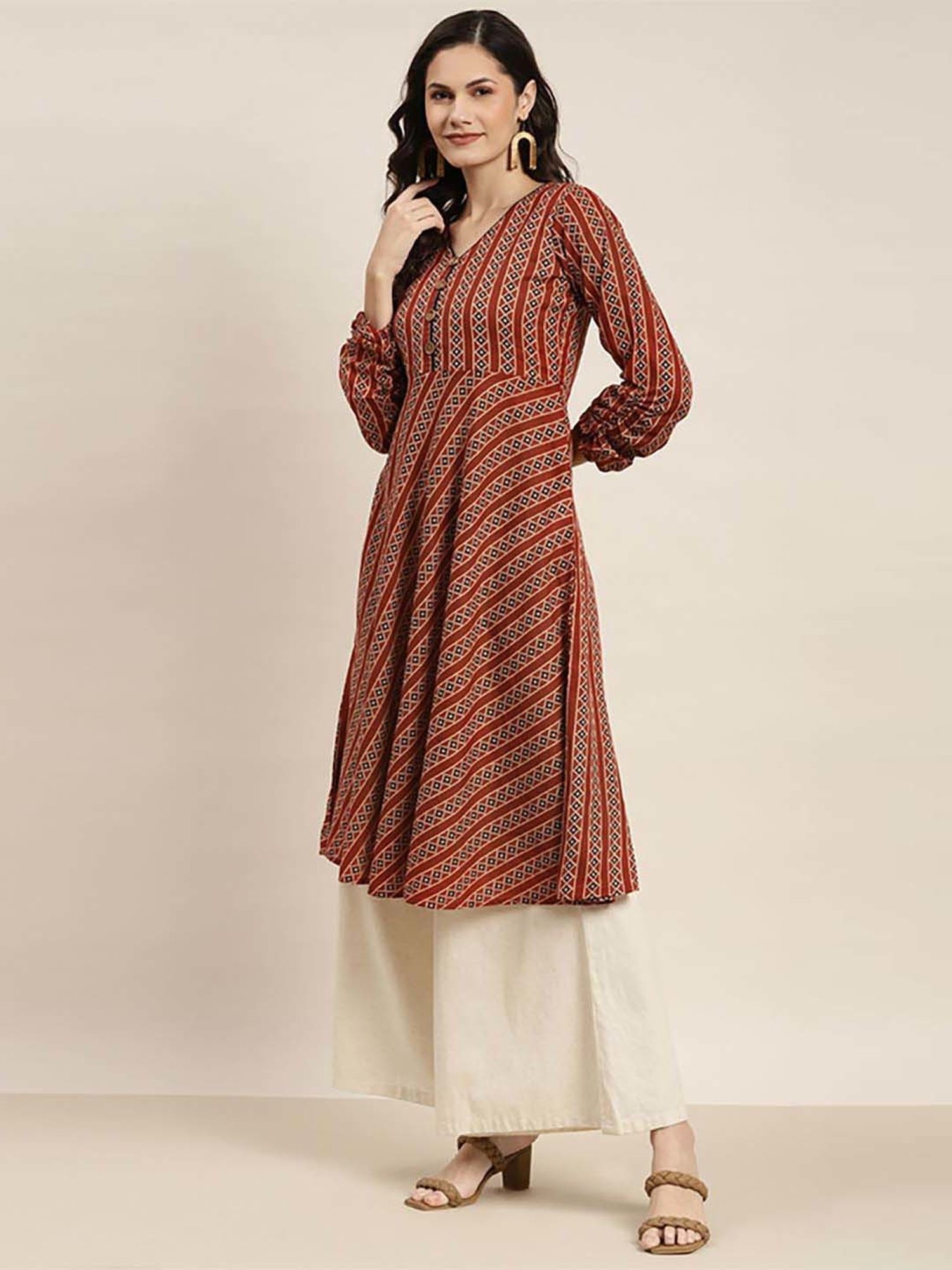 Jompers Brown Cotton Printed A Line Kurta