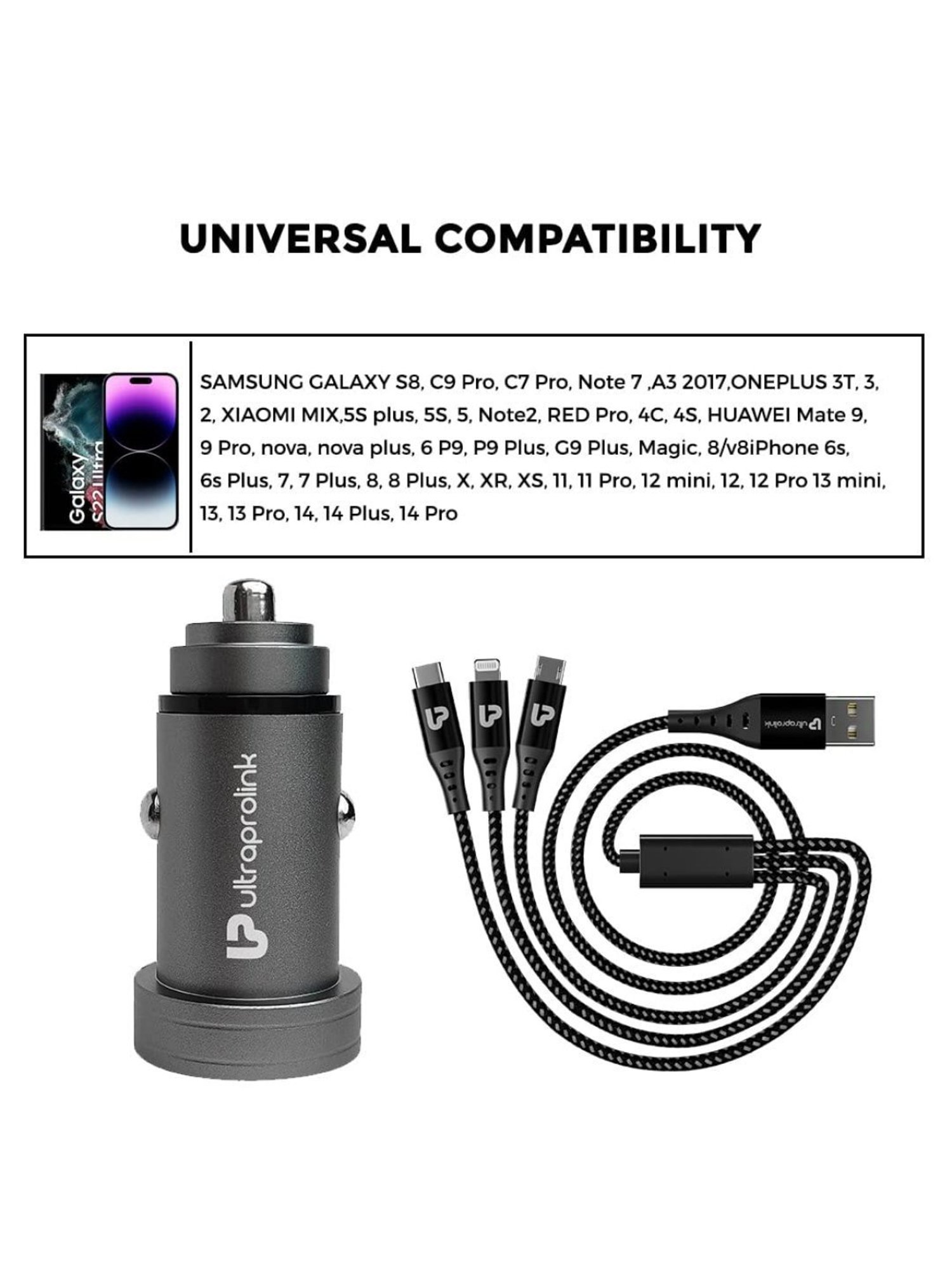 Ultraprolink UM1109 Zip Kit, 15W Higher Power Car Charger with 3 in 1 Charging Cable (Black)