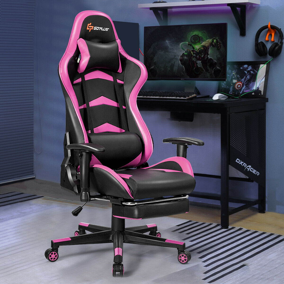 Massage Gaming Chair with Lumbar Support & Footrest-Pink