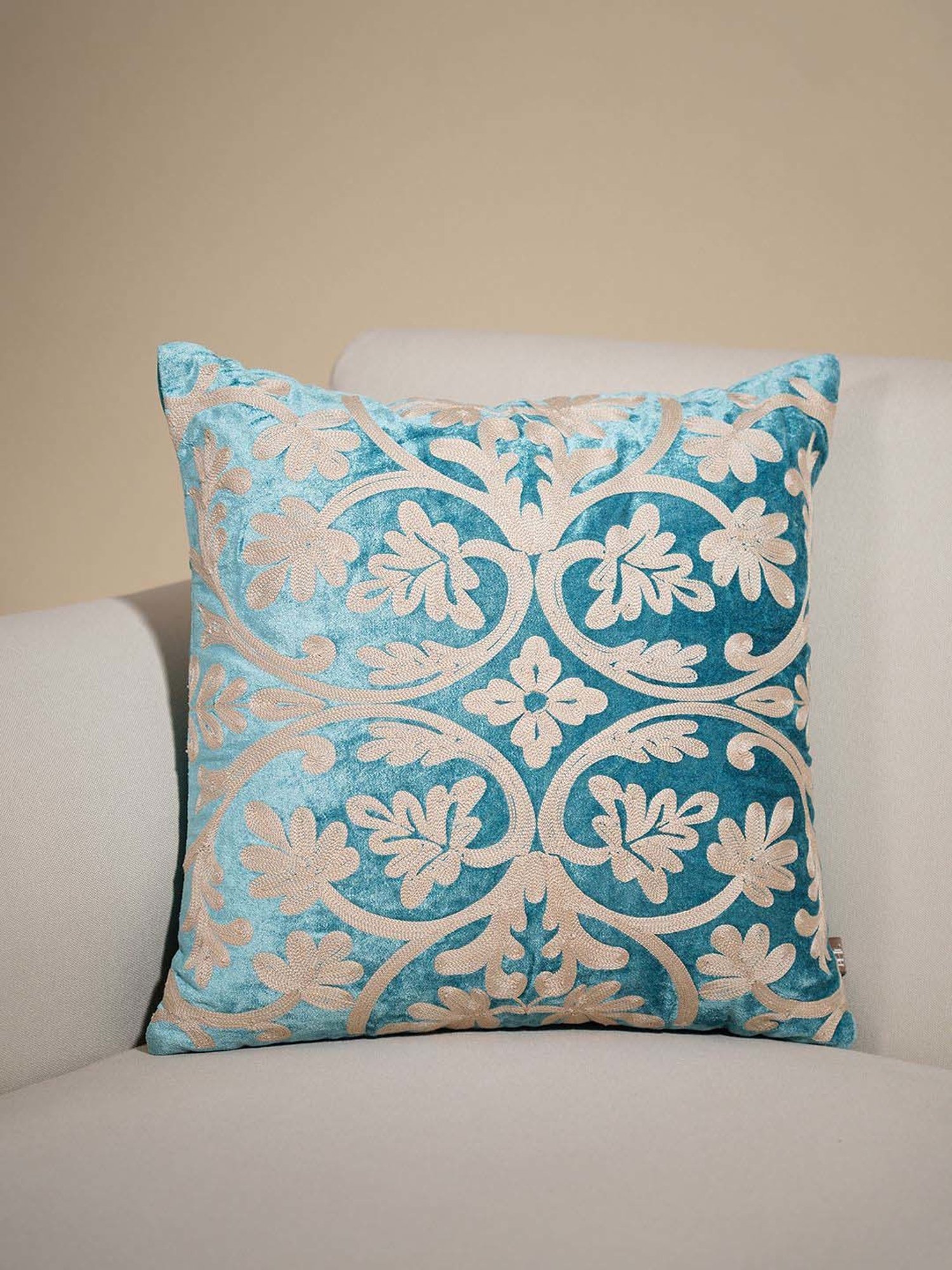 Pure Home and Living Blue Cotton Embroidered Square Cushion Cover