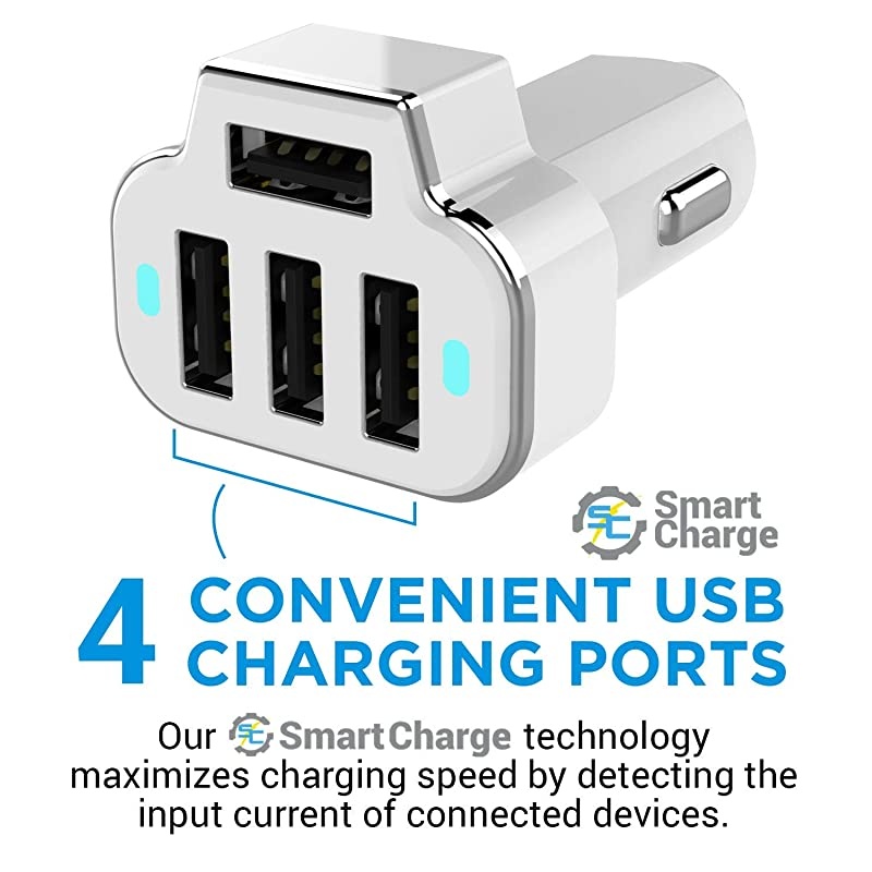4 Port Car Charger Adapter 12V Fast Car Charger USB Adapter Power Station 52A26W Output White