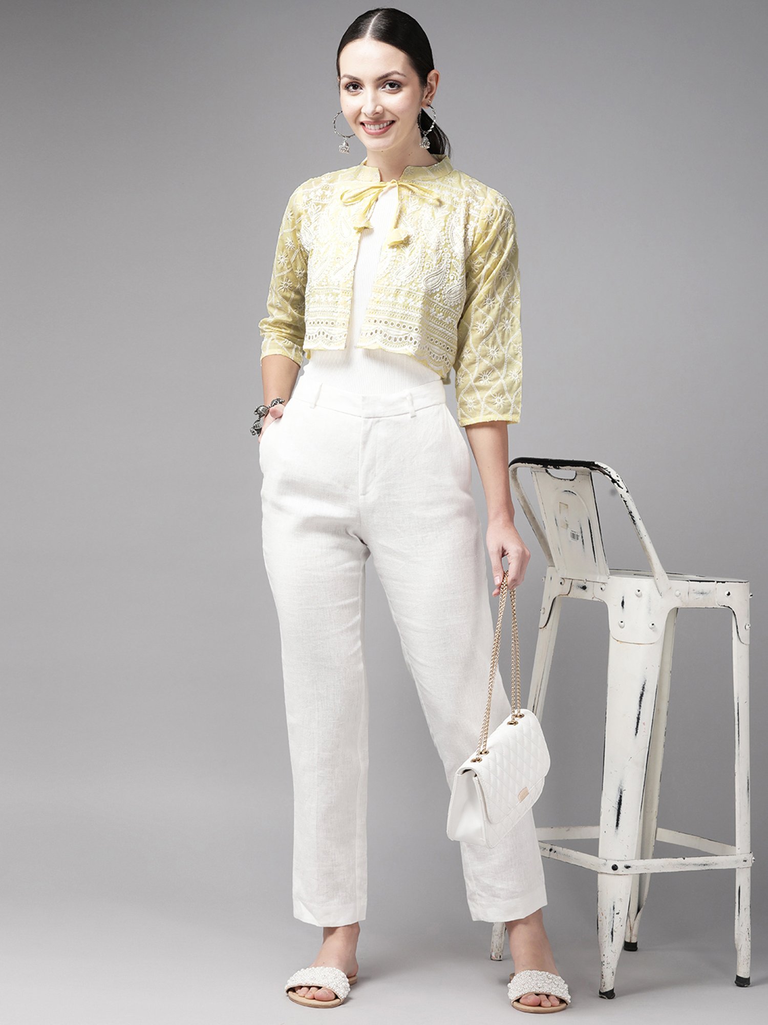 Aarika Lemon Yellow Cotton Embroidered Shrug