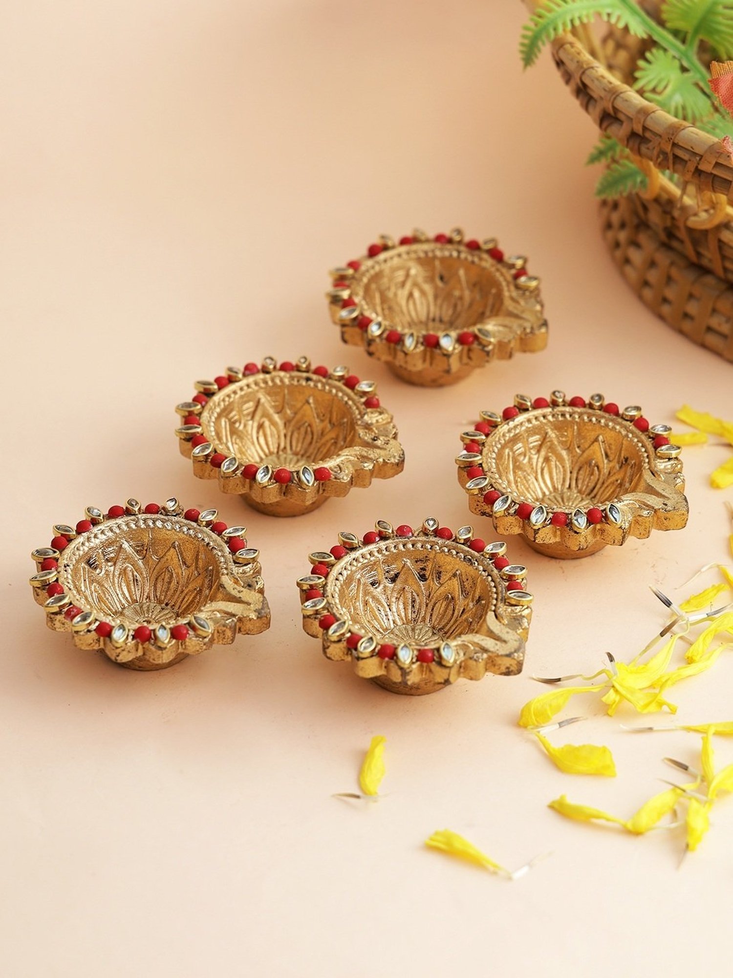 Aapno Rajasthan Solid Golden & Green Terracotta Diya - Set of 5