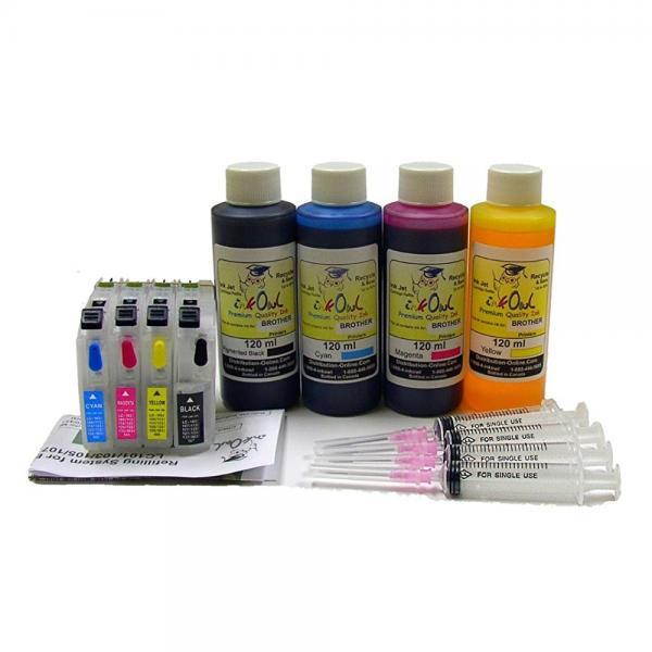 InkOwl Refillable Cartridges for BROTHER LC101, LC103, LC105, LC107, LC109 + auto-reset chips + 4x120ml ink + syringes