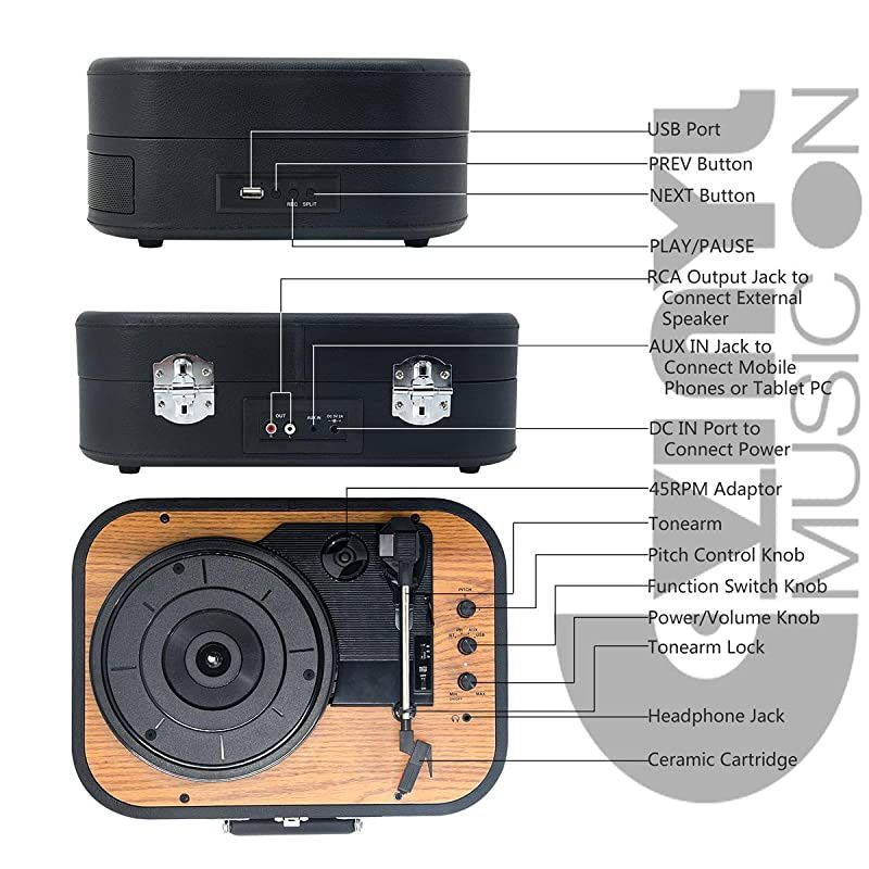 Bluetooth Record Player with Stereo Speakers3 Speed Briefcase Turntable with PlayampEncoding Pitch Control and RCA OutputampAux InputBlack