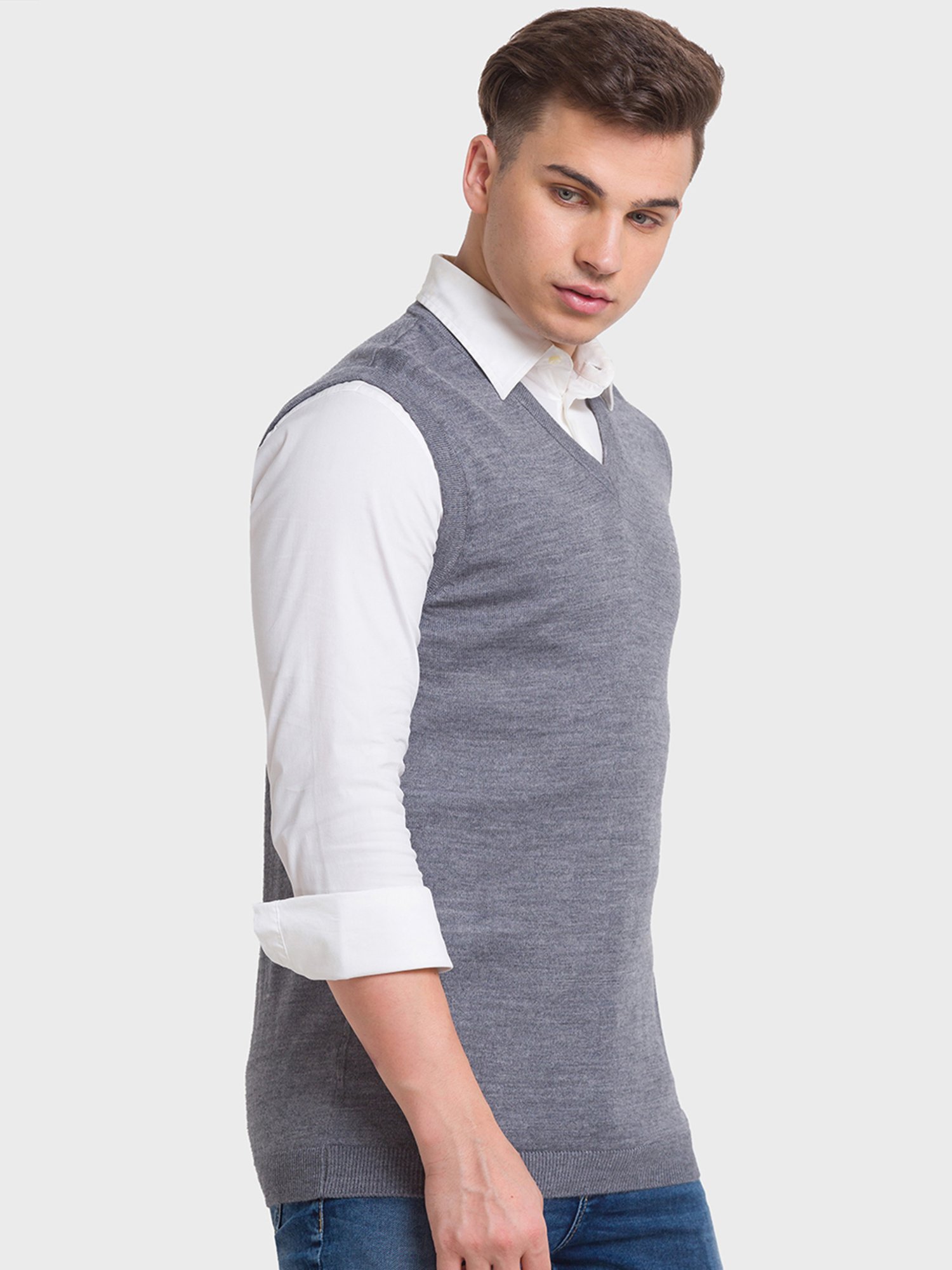 ColorPlus Grey Regular Fit Texture Sweaters