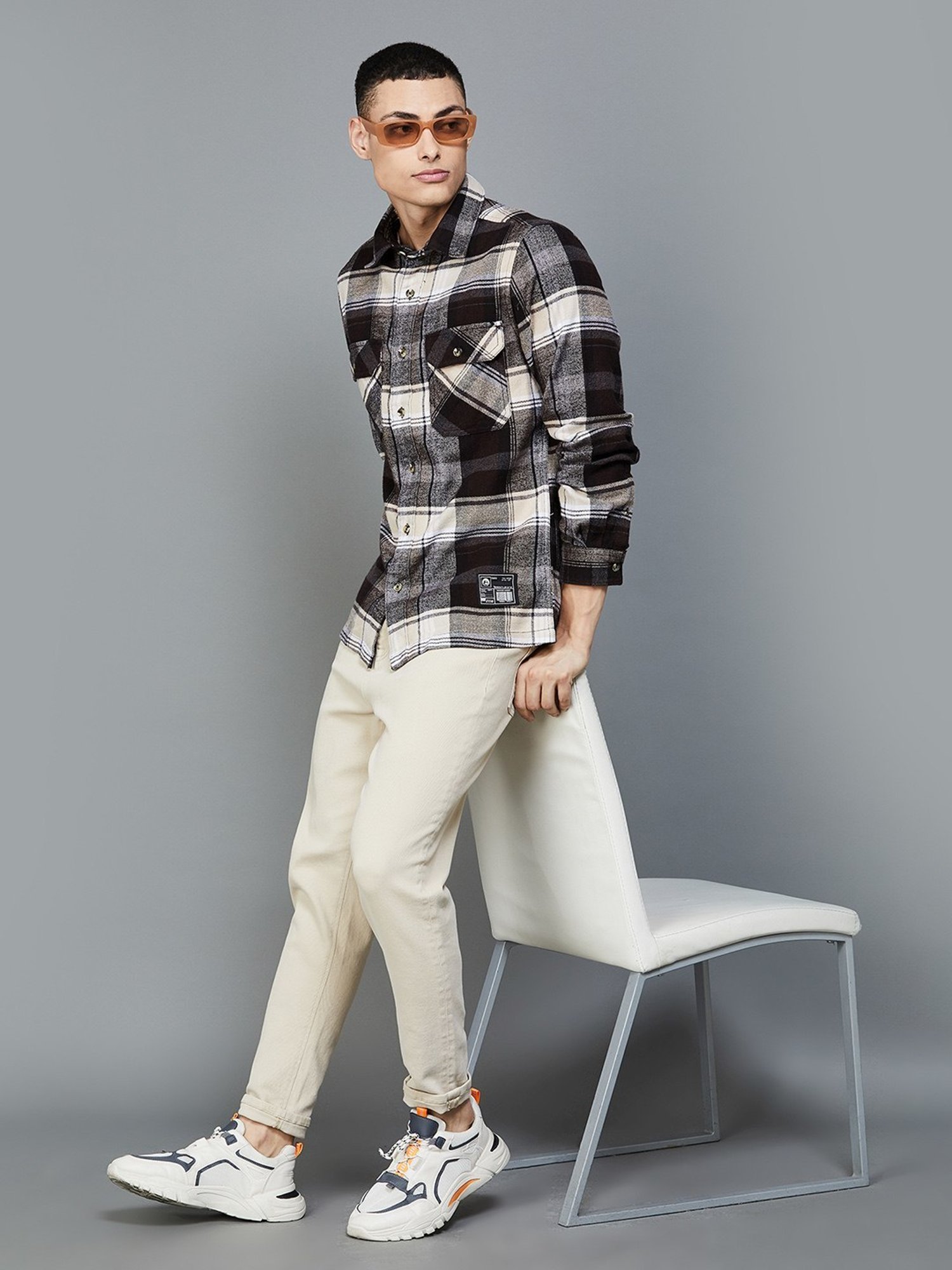 BOSSINI Beige Cotton Regular Fit Checks Shirt