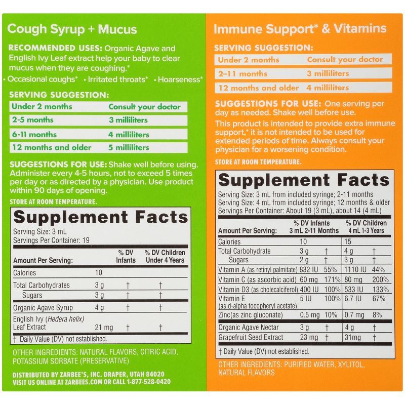Zarbee's Naturals Baby Immune Support & Cough Syrup/Mucus Reducer Value Pack - Orange & Grape - 2 fl oz/2pk