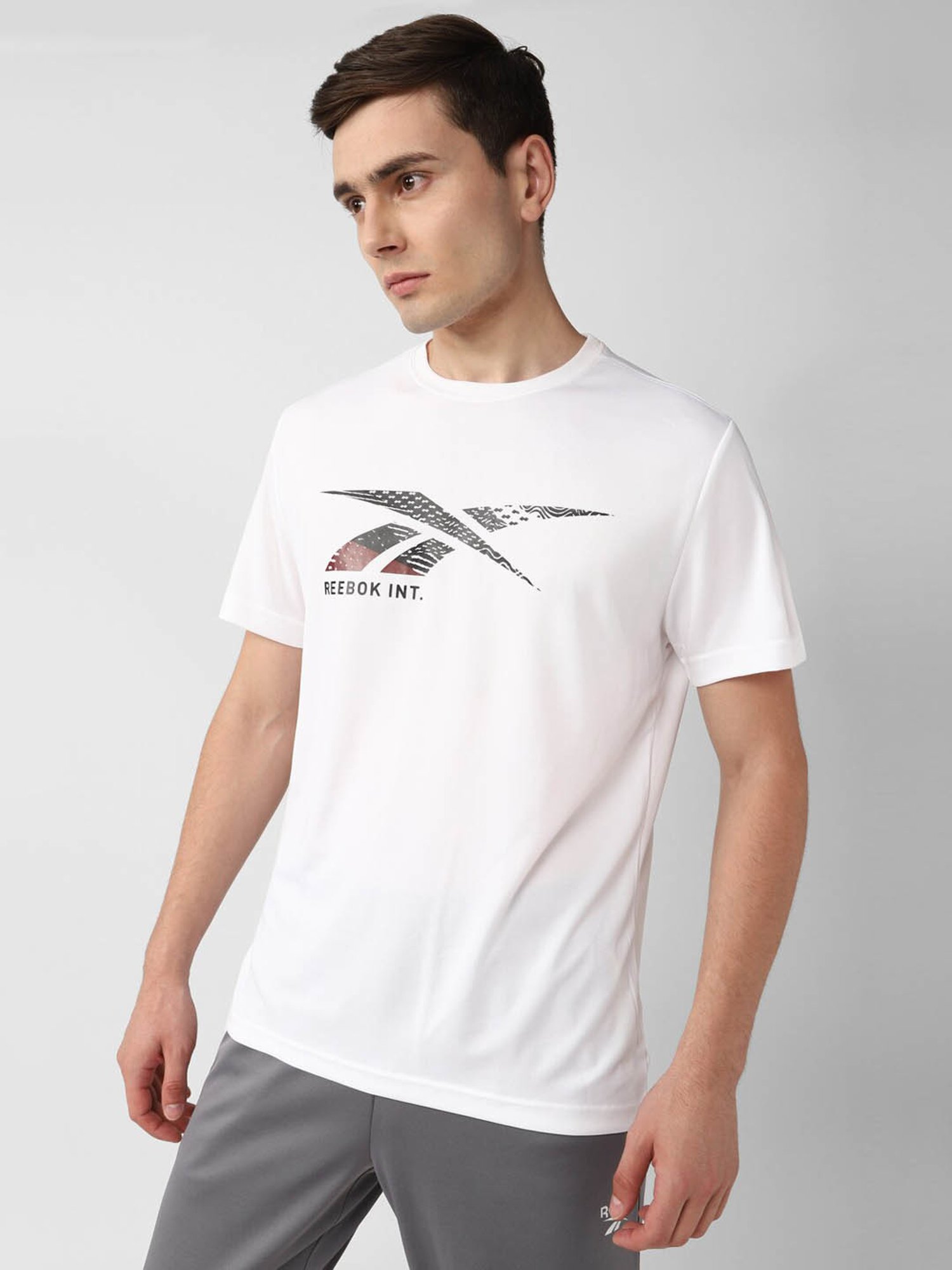 Reebok White Slim Fit Printed Sports T-Shirt