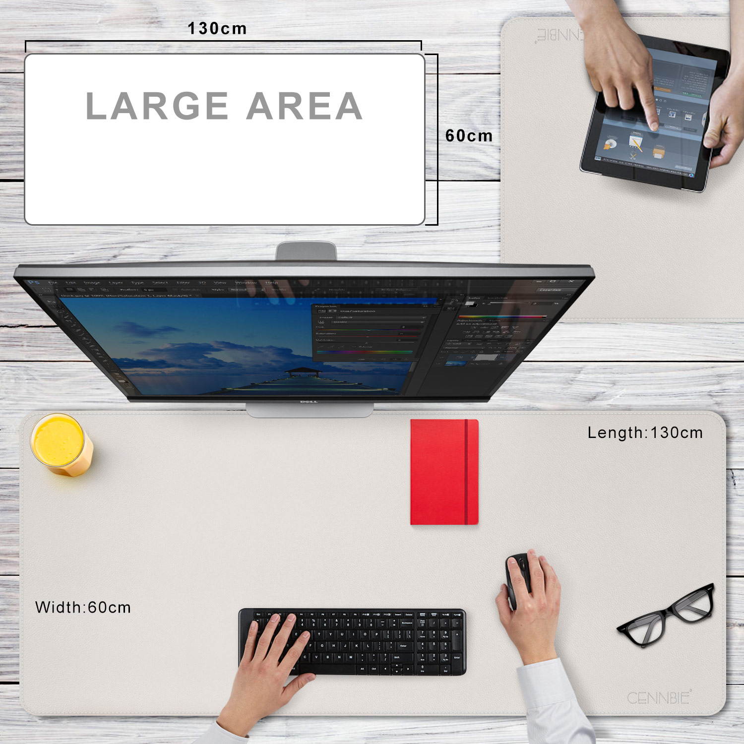 Large PU Leather Desk Pad 130*60cm Keyboard Mat Mousepad Non-slip Gaming Desktop Office Desk Mat for Game Player PC Computer - White