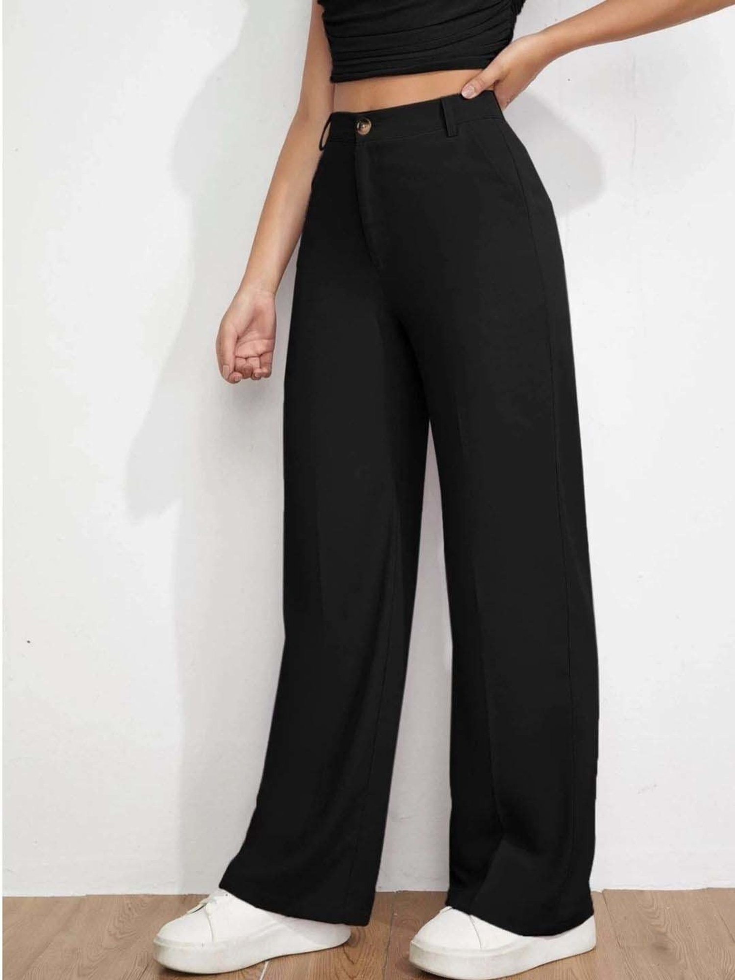 BUYNEWTREND Black High rise Formal Trousers