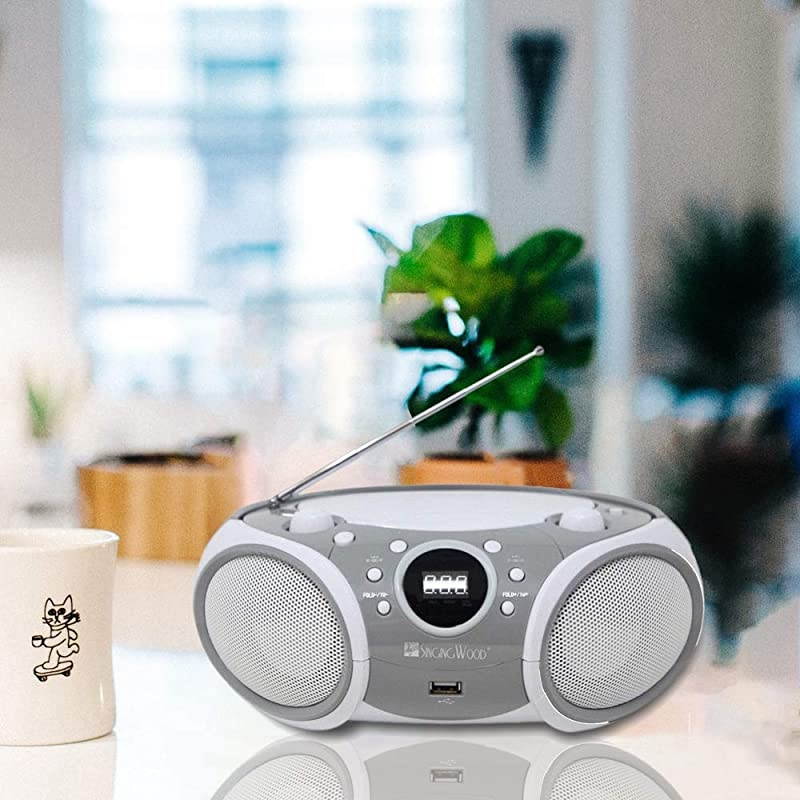 CDCDRCDRW Boombox Portablew Bluetooth USB AMFM Radio AUXInput Headset Jack Foldable Carrying Handle and LED Light Space Grey