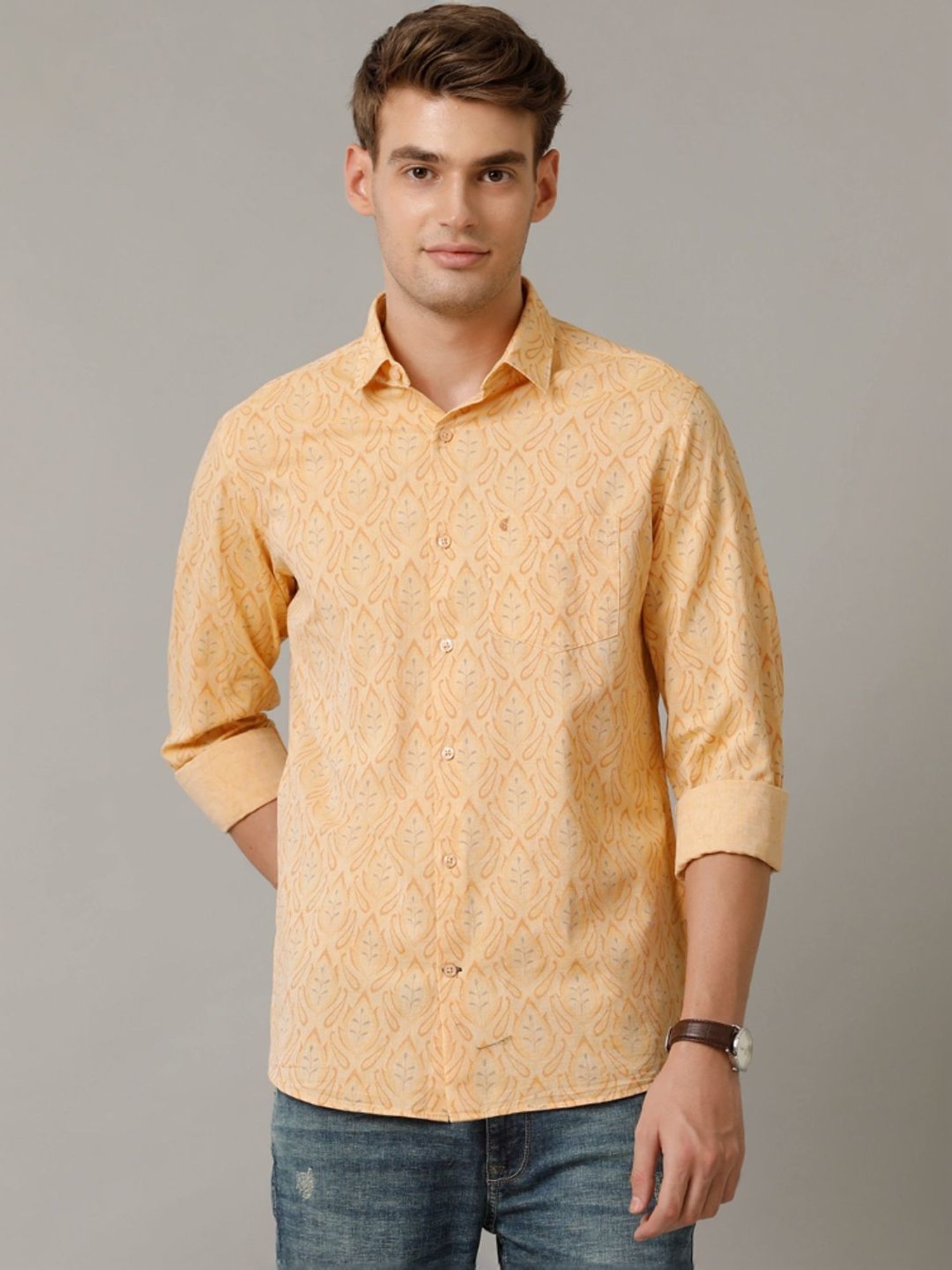 Cavallo By Linen Club Orange Linen Contemporary Fit Printed Shirt