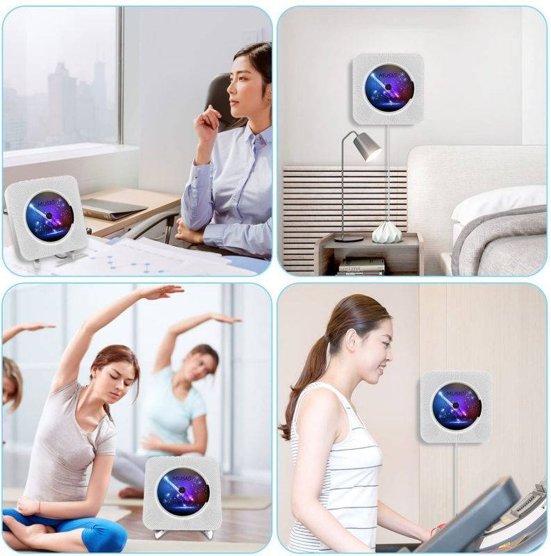 AONCO Portable CD Player, Bluetooth Wall Mountable CD Music Player Home Audio Boombox with Remote Control FM Radio Built-in HiFi Speakers, MP3 Headphone Jack AUX Input Output, White