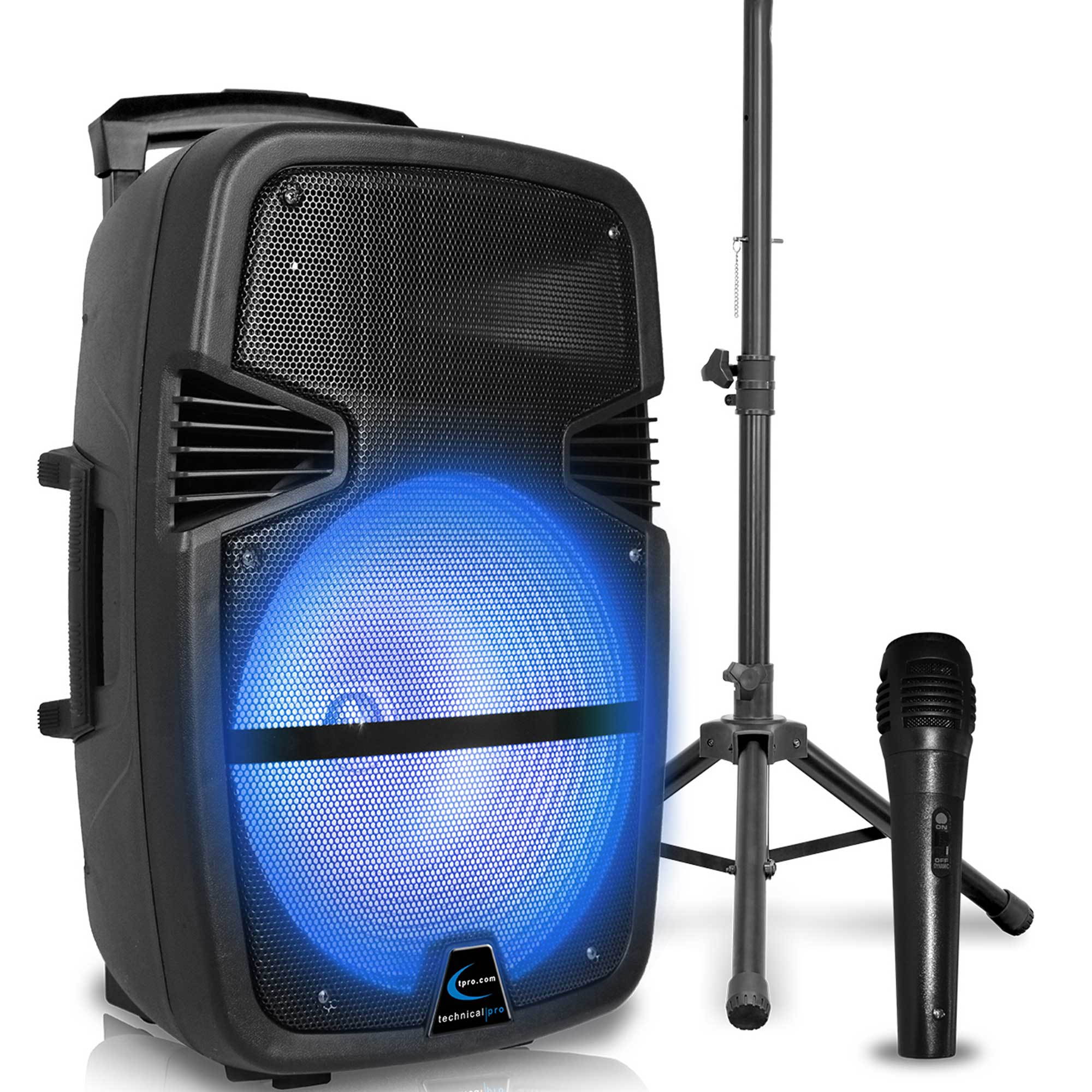 Technical Pro 3000 Watts Rechargeable 15 Inch Bluetooth LED Portable PA Speaker, Mic and Stand, Bluetooth Range 30 Feet, built-in LCD Screen, Great for Party, Event, Tailgate, and More