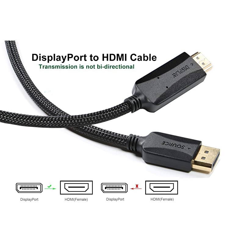 to HDMI Cable 6 ft DP Display Port to HDMI Cable Adapter 6 feet Braided Male to Male Supports Video and Audio for DELL HP ASUS etc