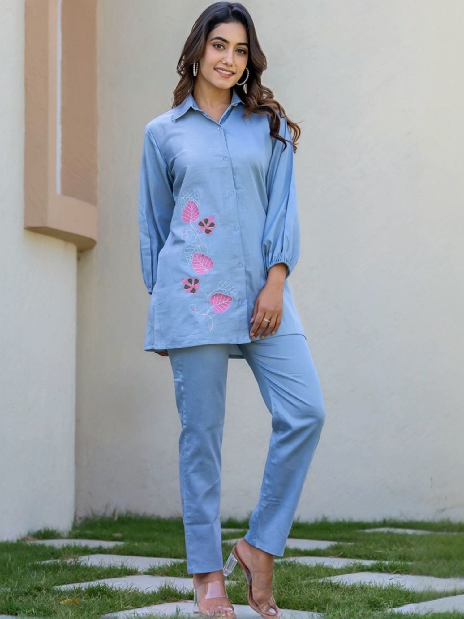 HOUSE OF JAMOTI Blue Cotton Embroidered Tunic Pant Set