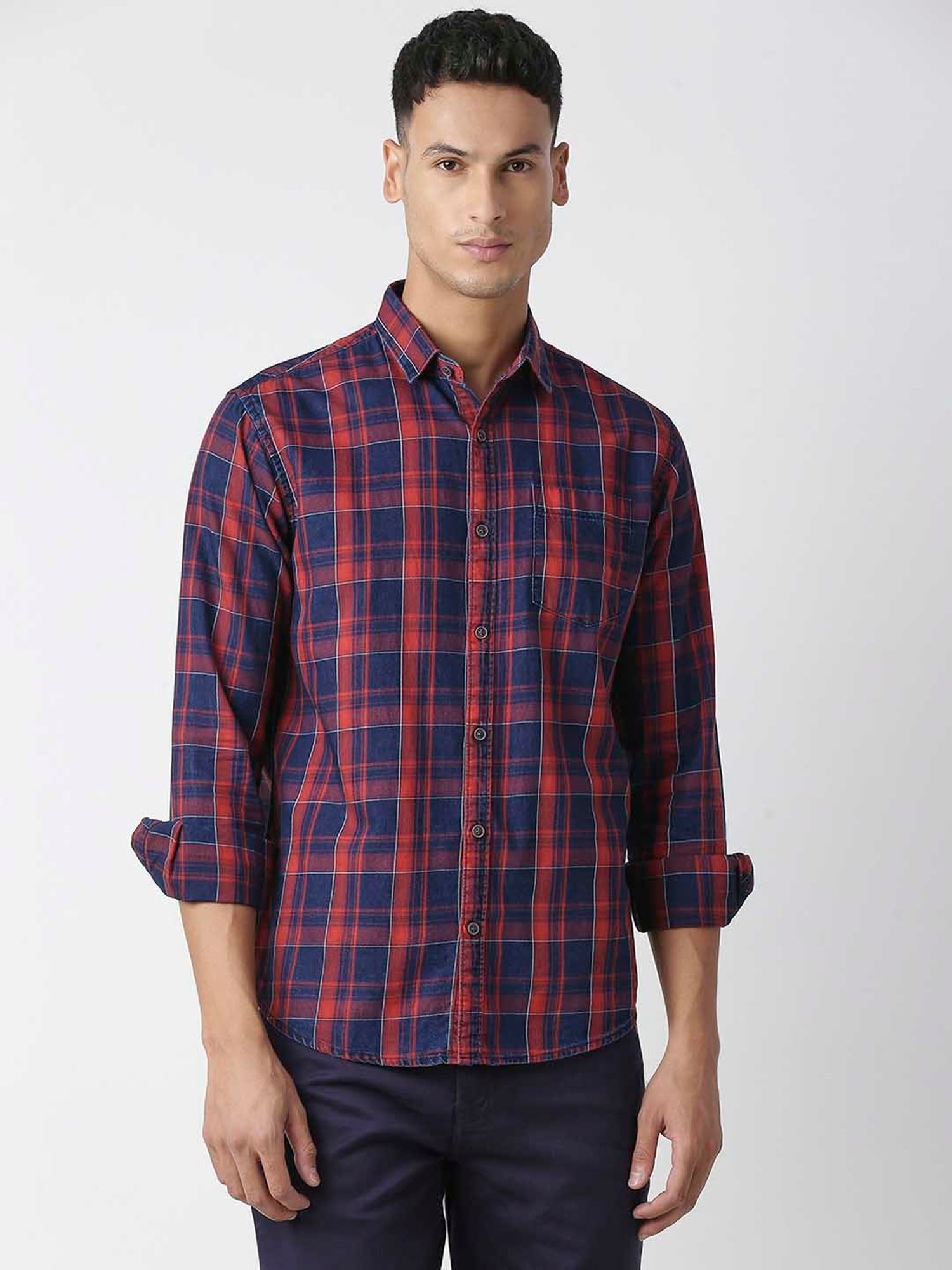 HJ HASASI Blue & Red Slim Fit Check Cotton Shirt