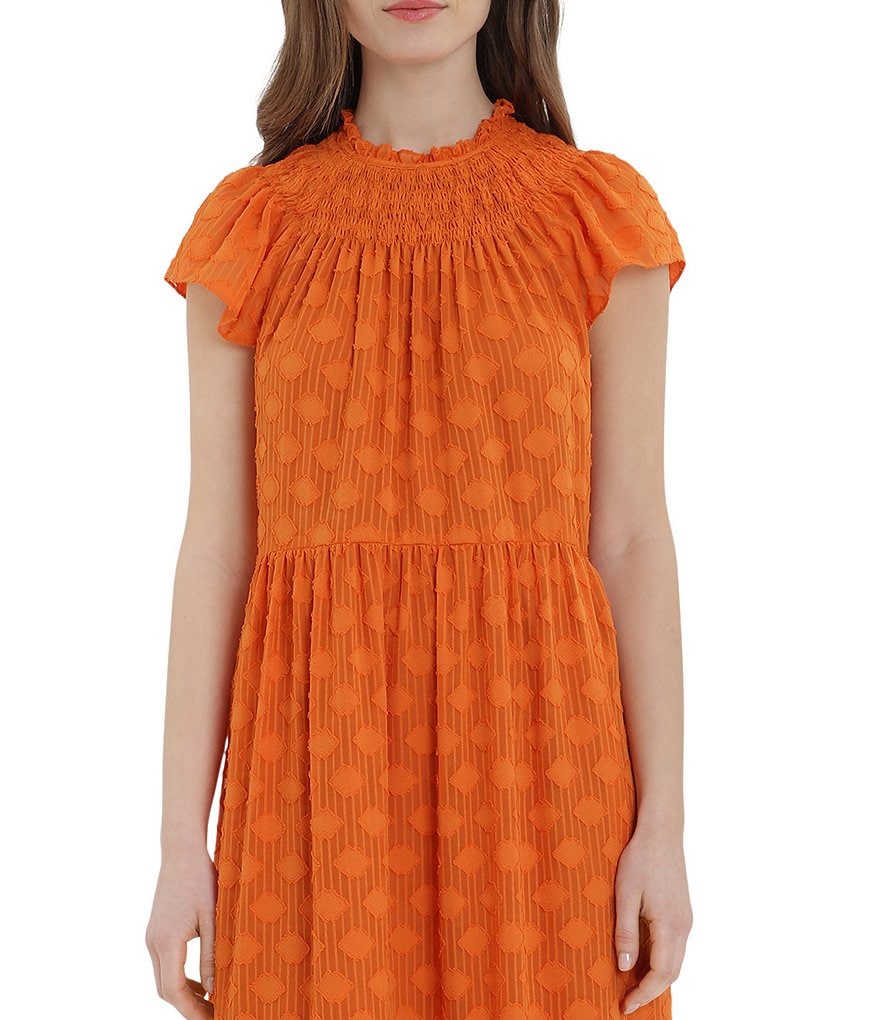 Donna Morgan Smocked Mock Neck Cap Sleeve A-Line Midi Dress