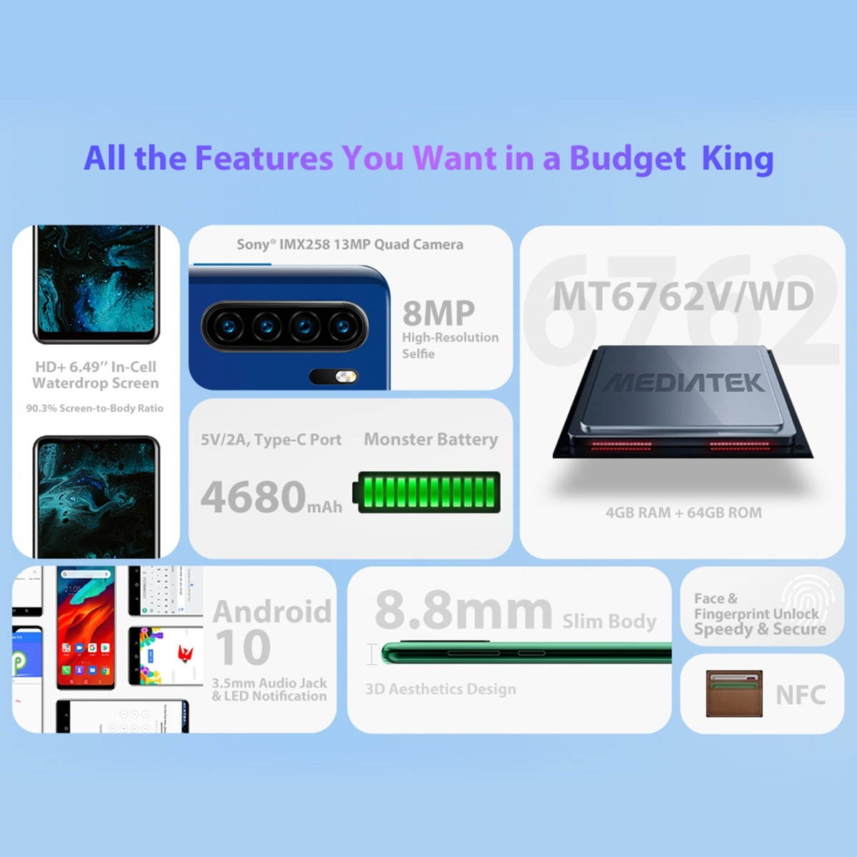 Unlocked Smartphone, Blackview A80 Plus, 4GB+64GB, Face ID & Fingerprint Identification, 4680mAh Battery, 6.49 inch Android 10.0 MTK6762V/WD Octa Core up to 1.8GHz, Network: 4G, Dual SIM, NF