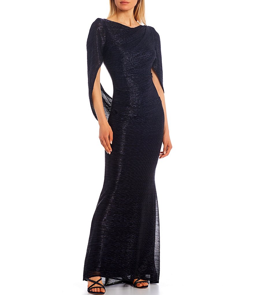 Betsy & Adam Drape Back Metallic Crinkle Mermaid Gown