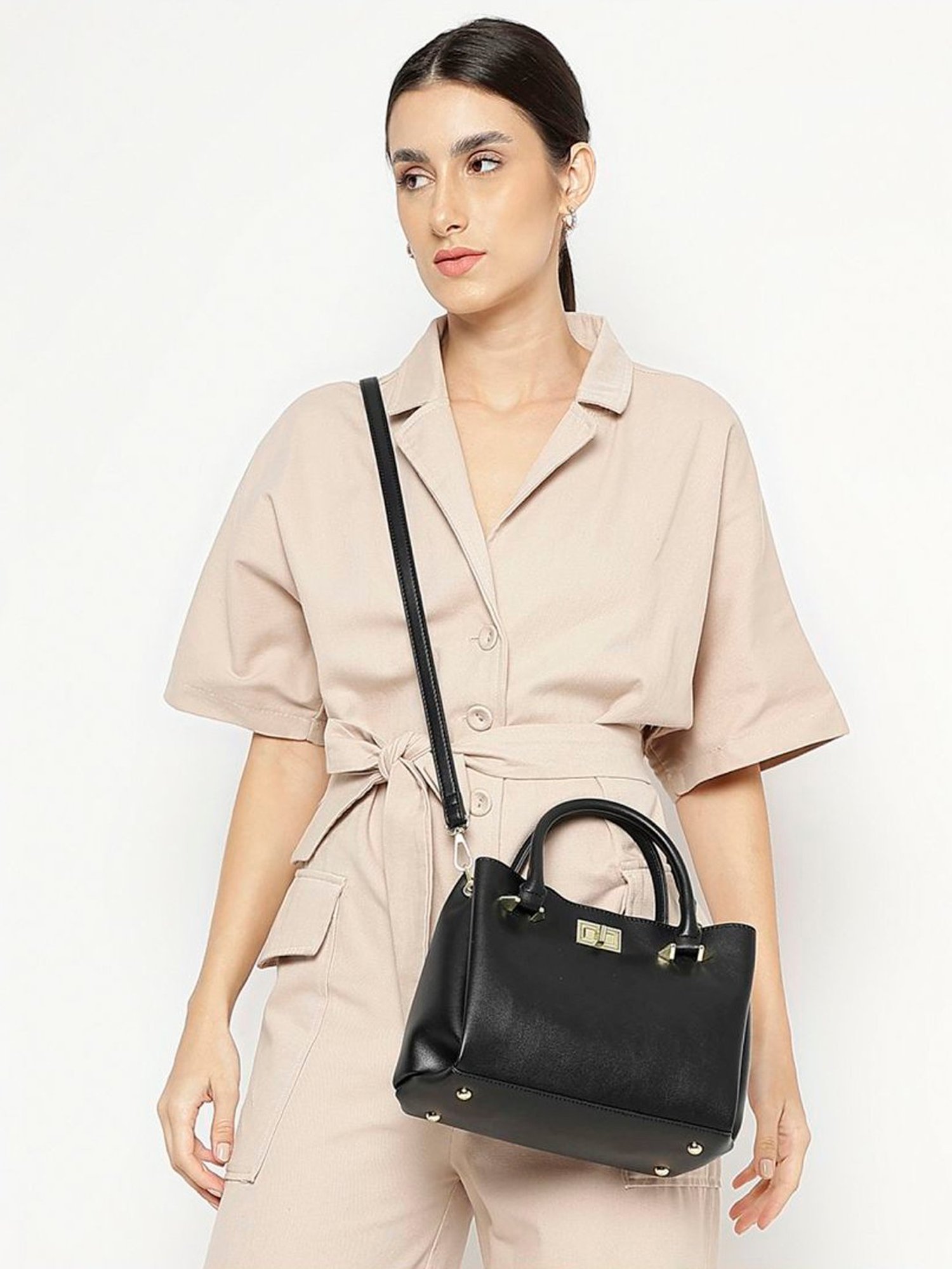 Tyra Olivia Black Solid Faux Leather Handbag