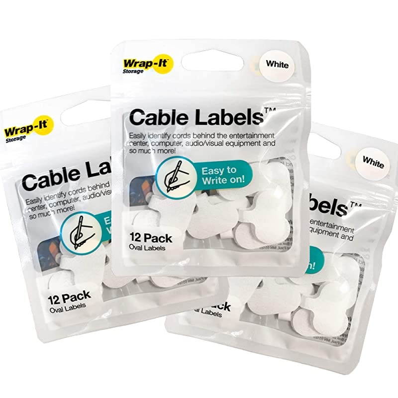 Labels by WrapIt Storage Oval White 36 Pack Write On Cord Labels Wire Labels Tags and Wire Tags for Management and Identification for Electronics Computers and More