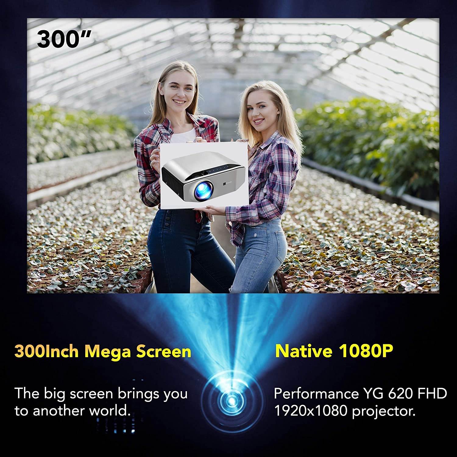 GooDee Portable Outdoor Movie Projector &ndash; Native 1080P Home Theater Video Projector, Full HD LCD 300 Inch, contrast 7000:1 with 100,000 Hrs Lamp Life, Compatible with PC, PS4, TV Stick, HDMI, YG620